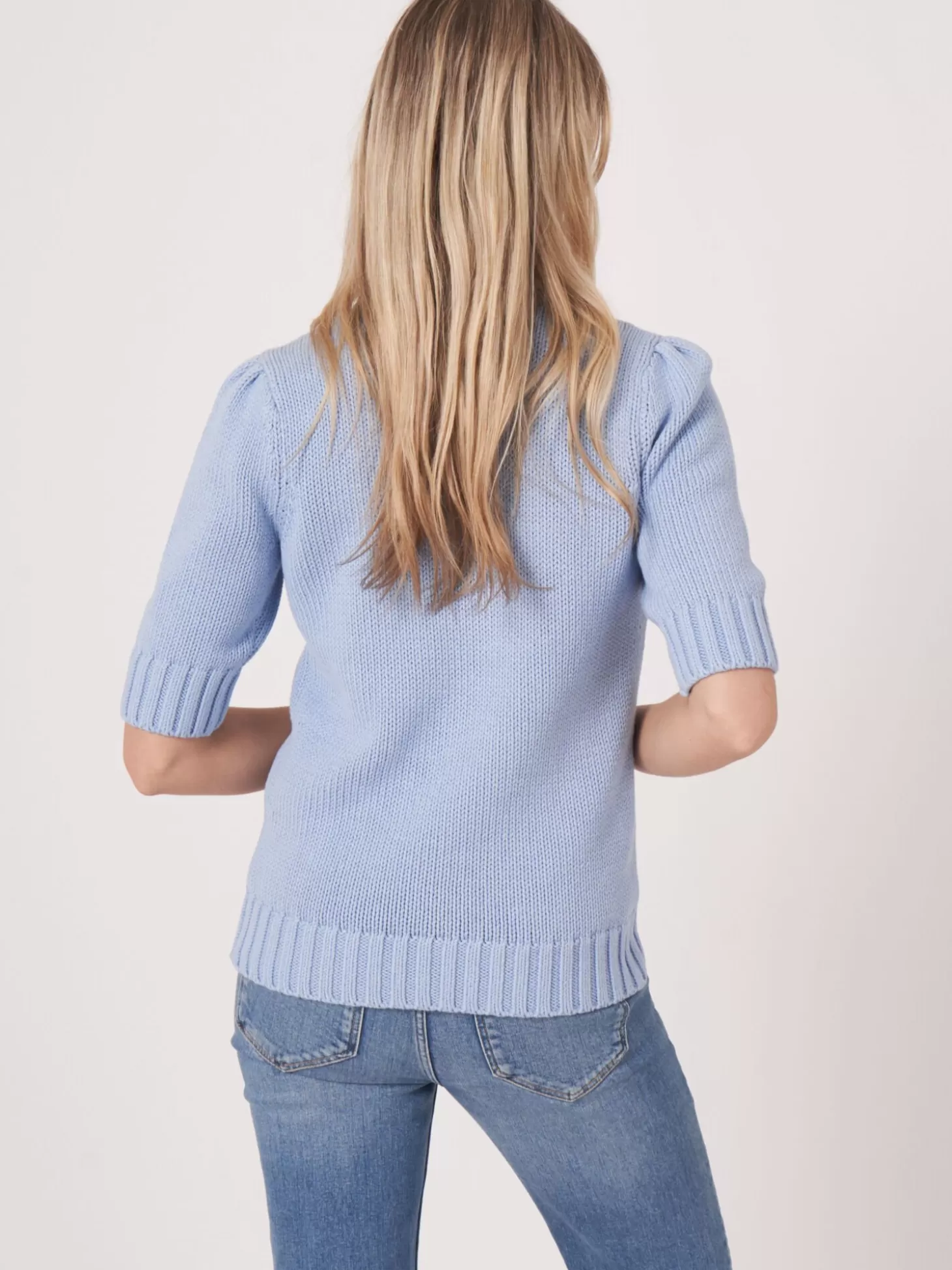 REPEAT cashmere Pull A Manches Courtes En Maille Epaisse A Cotes Lt Blue Hot