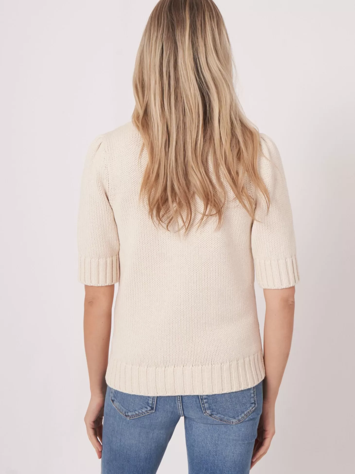 REPEAT cashmere Pull A Manches Courtes En Maille Epaisse A Cotes Ivory Best