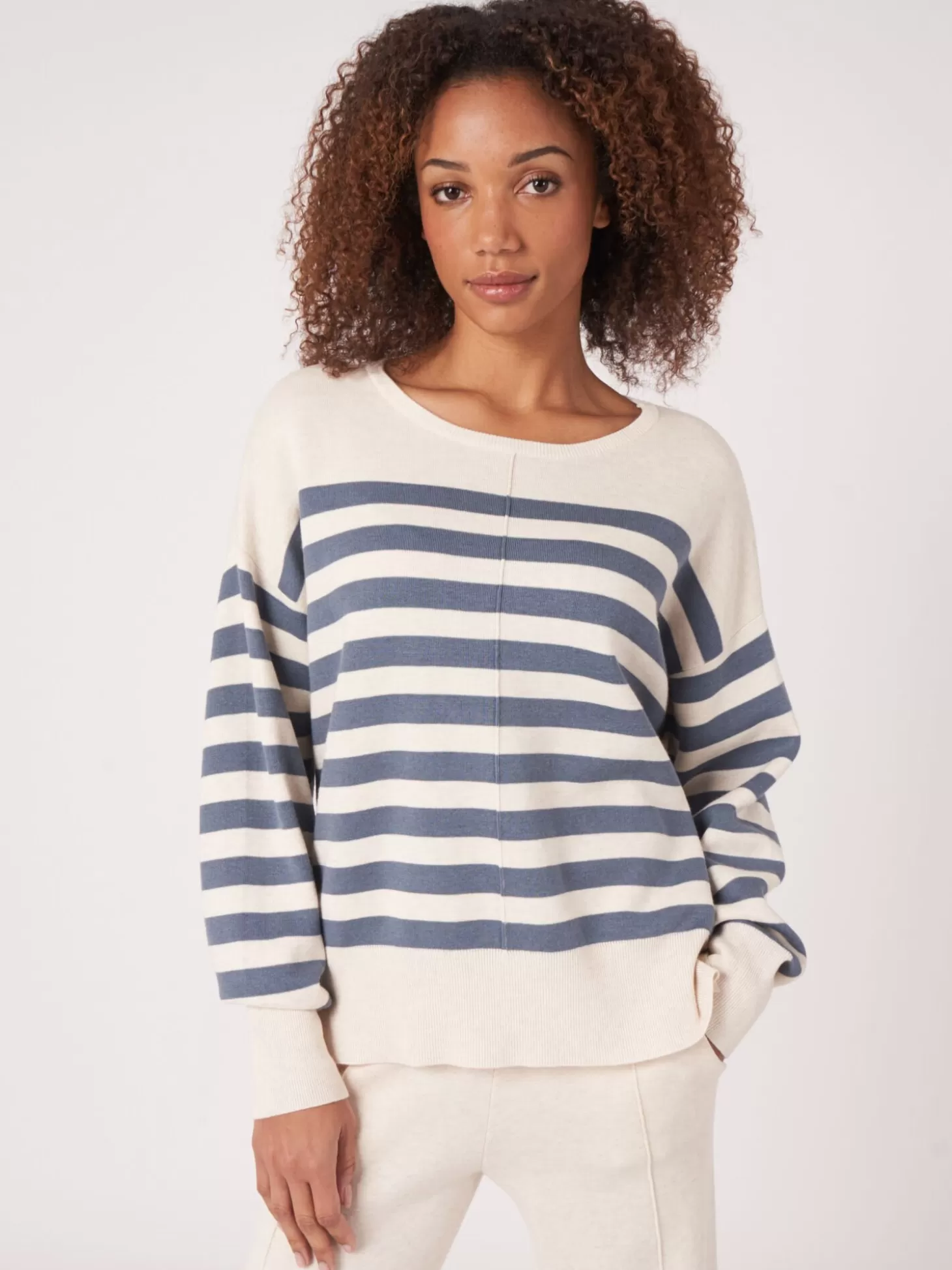 REPEAT cashmere Pull A Rayures En Coton Melange En Double Maille Fine Denim New