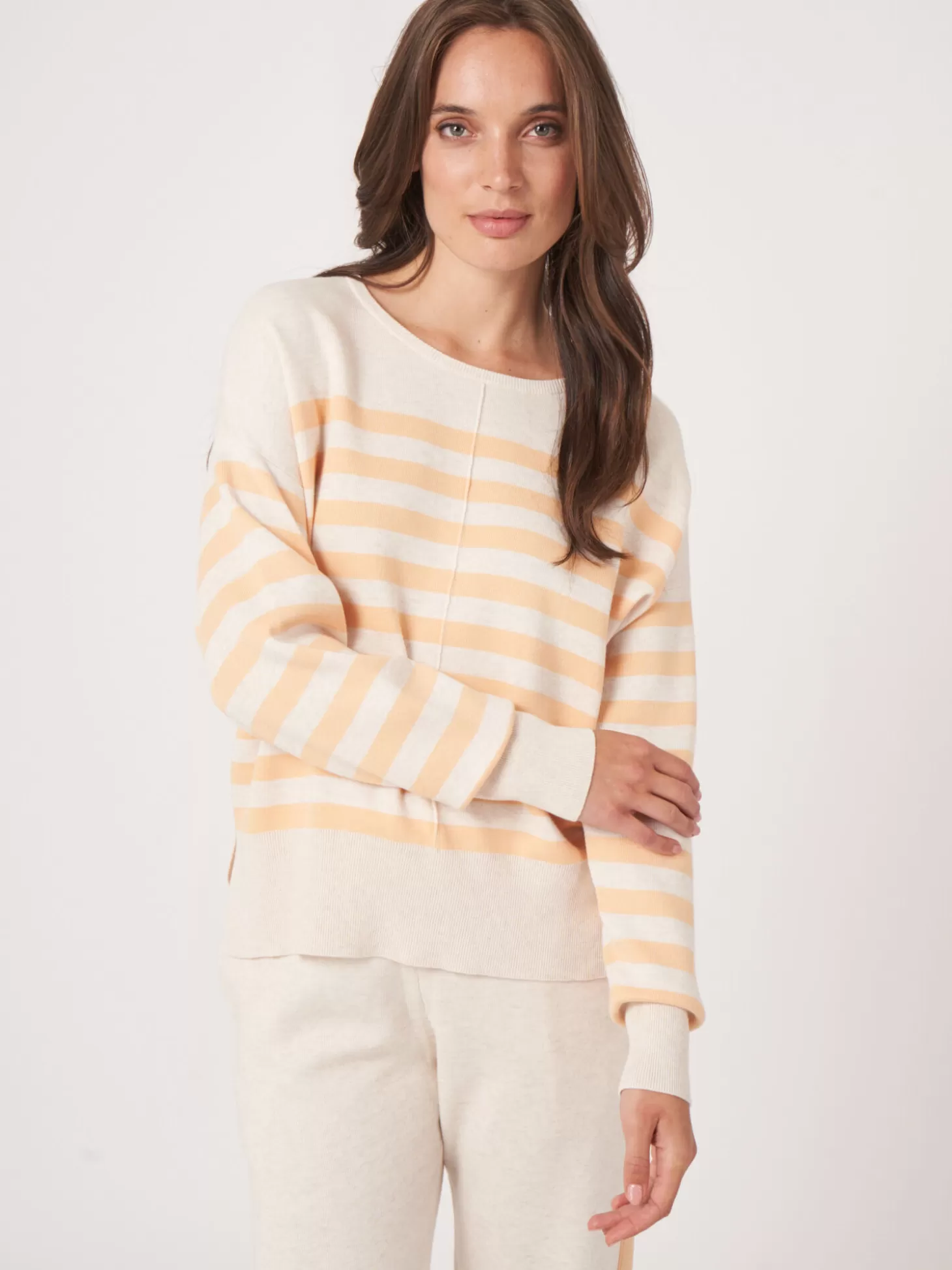 REPEAT cashmere Pull A Rayures En Coton Melange En Double Maille Fine Glow Outlet