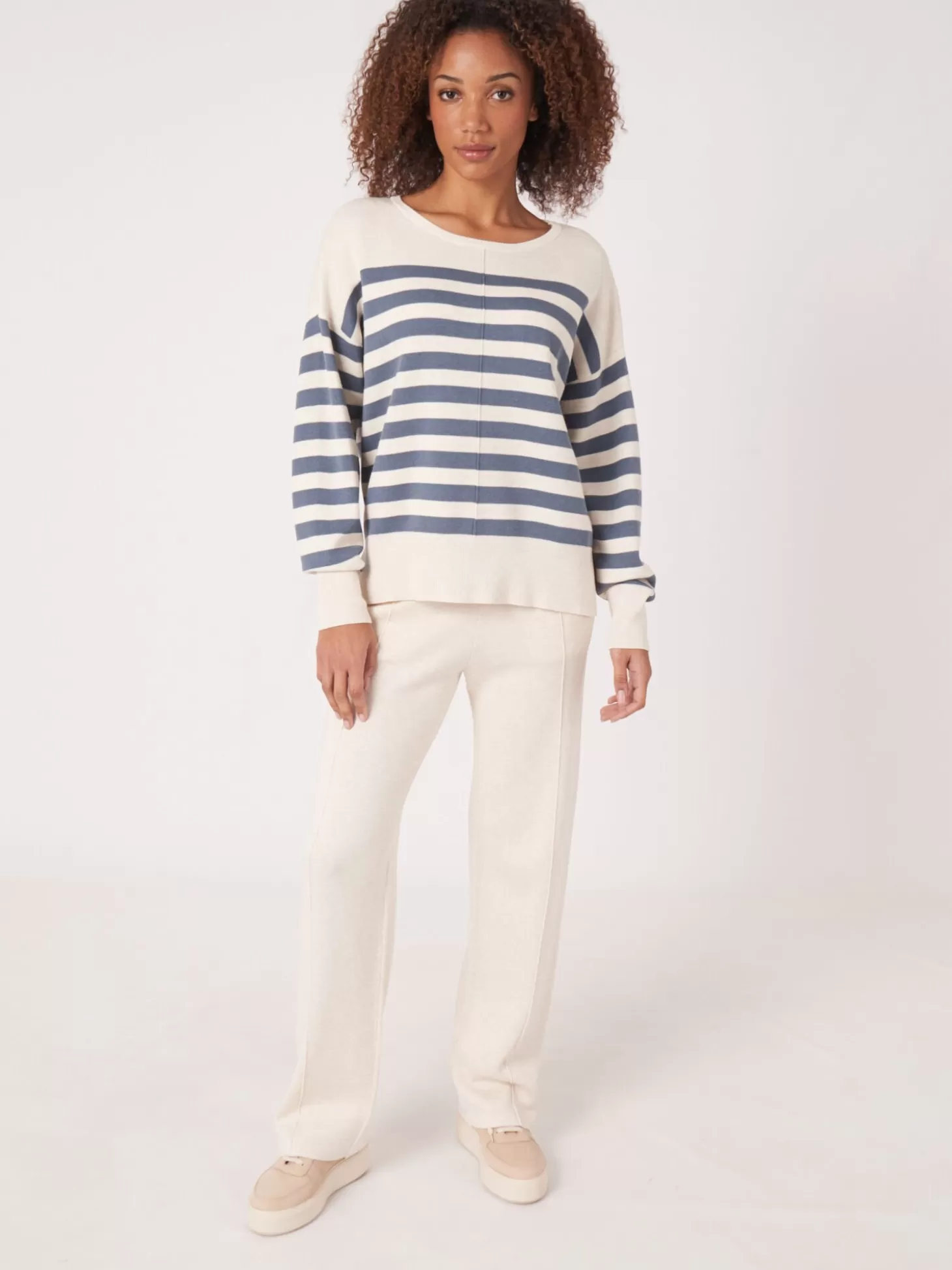 REPEAT cashmere Pull A Rayures En Coton Melange En Double Maille Fine Denim New