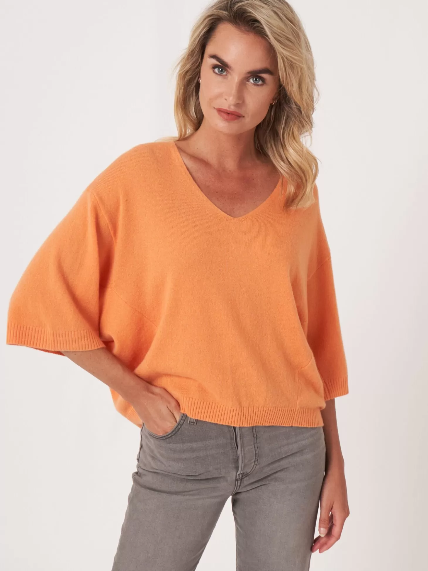 REPEAT cashmere Pull Ample En Cachemire A Manches Courtes Chauve-Souris Papaya Flash Sale