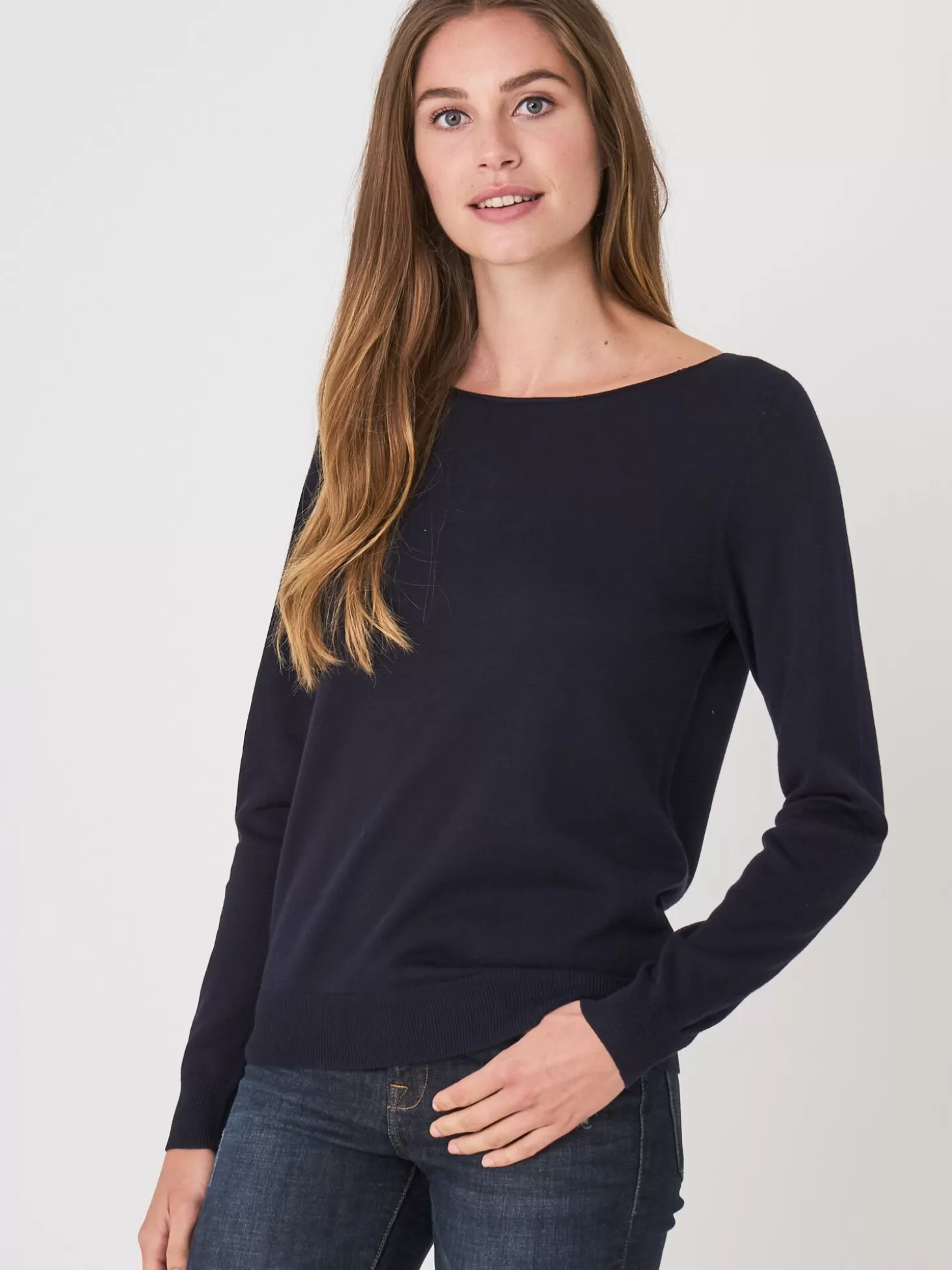 REPEAT cashmere Pull Basique A Col Bateau En Coton Melange Navy Cheap