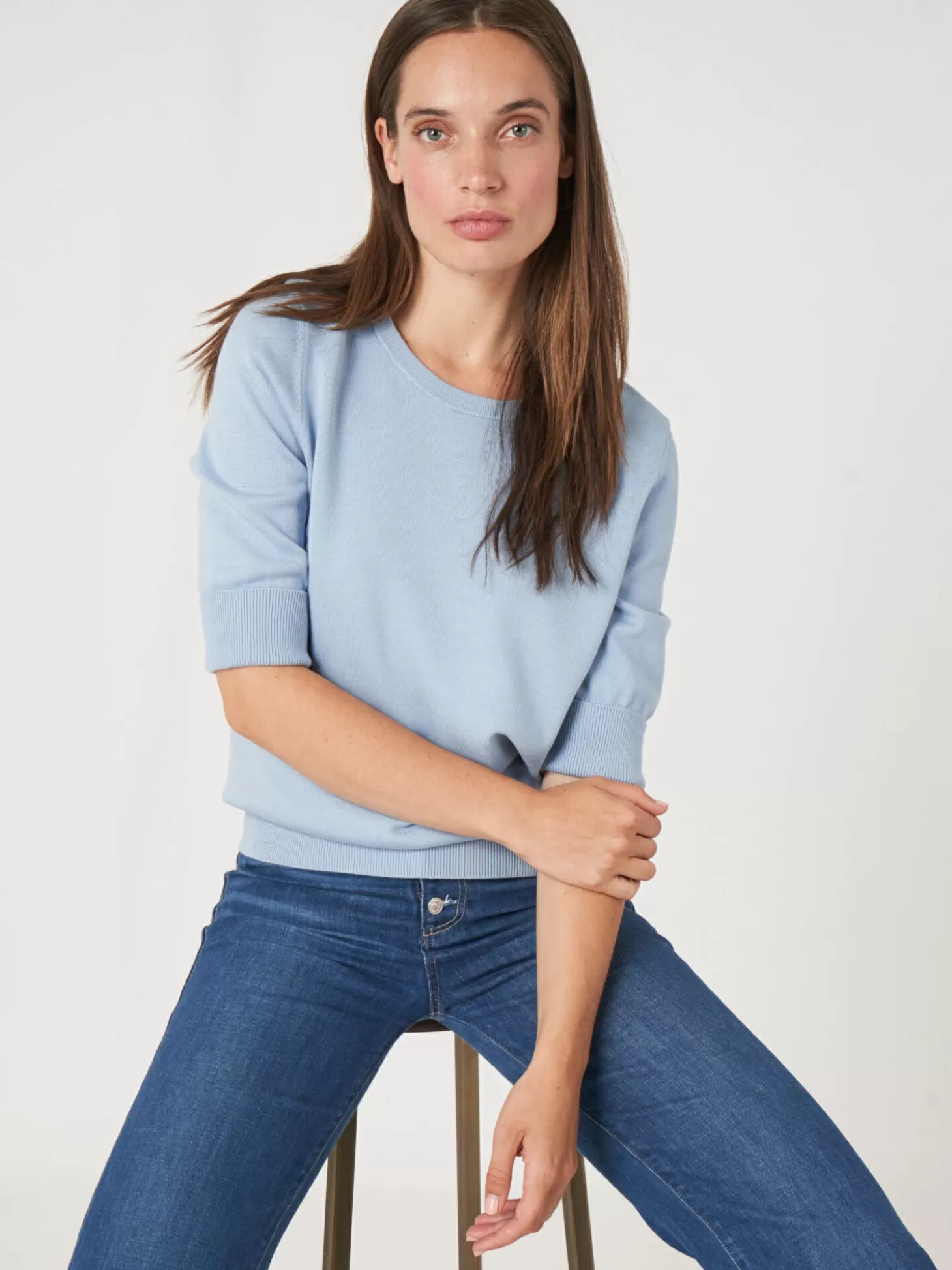REPEAT cashmere Pull Basique A Manches Courtes En Maille Fine En Coton Melange Lt Blue Online