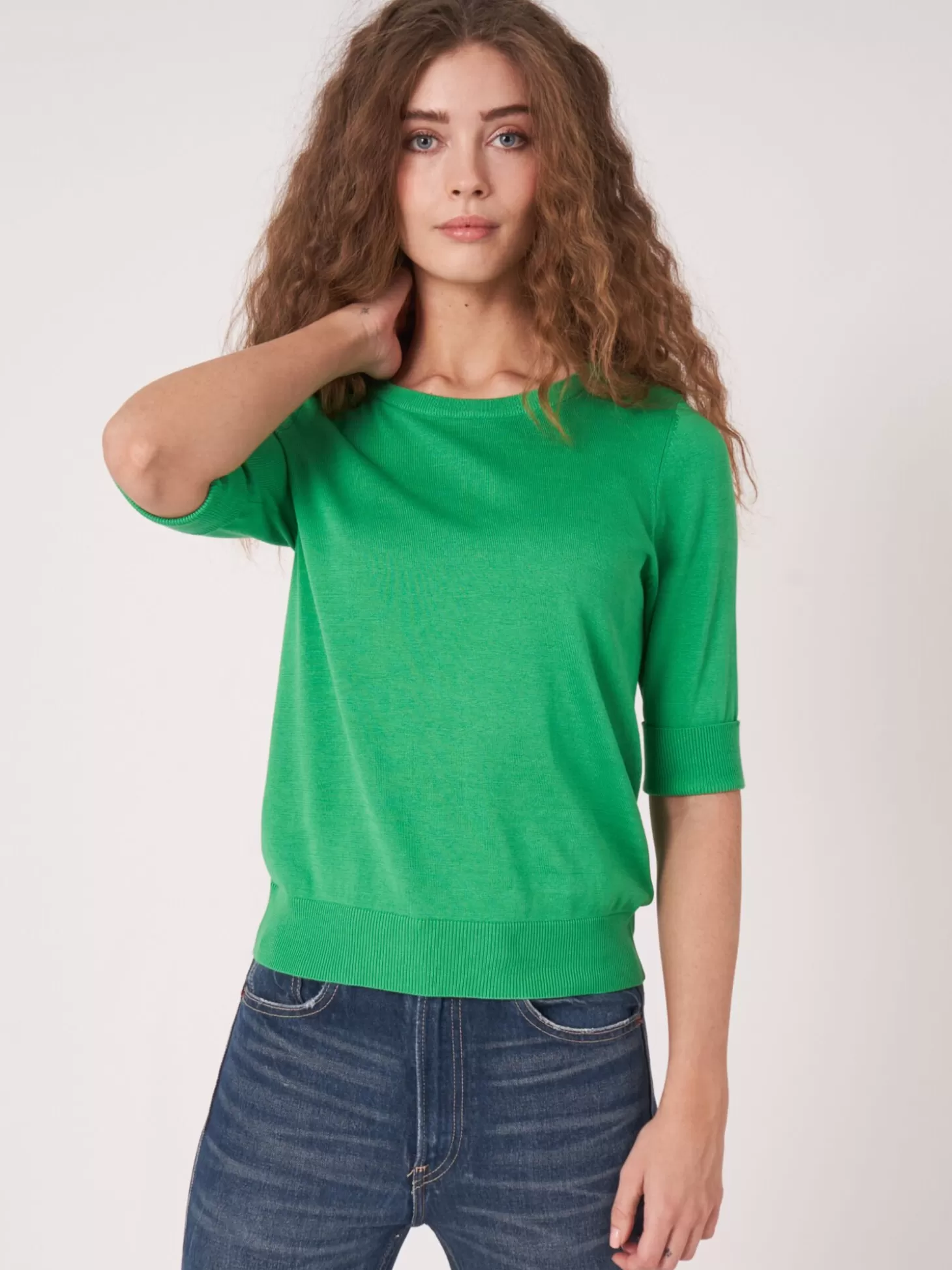 REPEAT cashmere Pull Basique A Manches Courtes En Maille Fine En Coton Melange Green Outlet