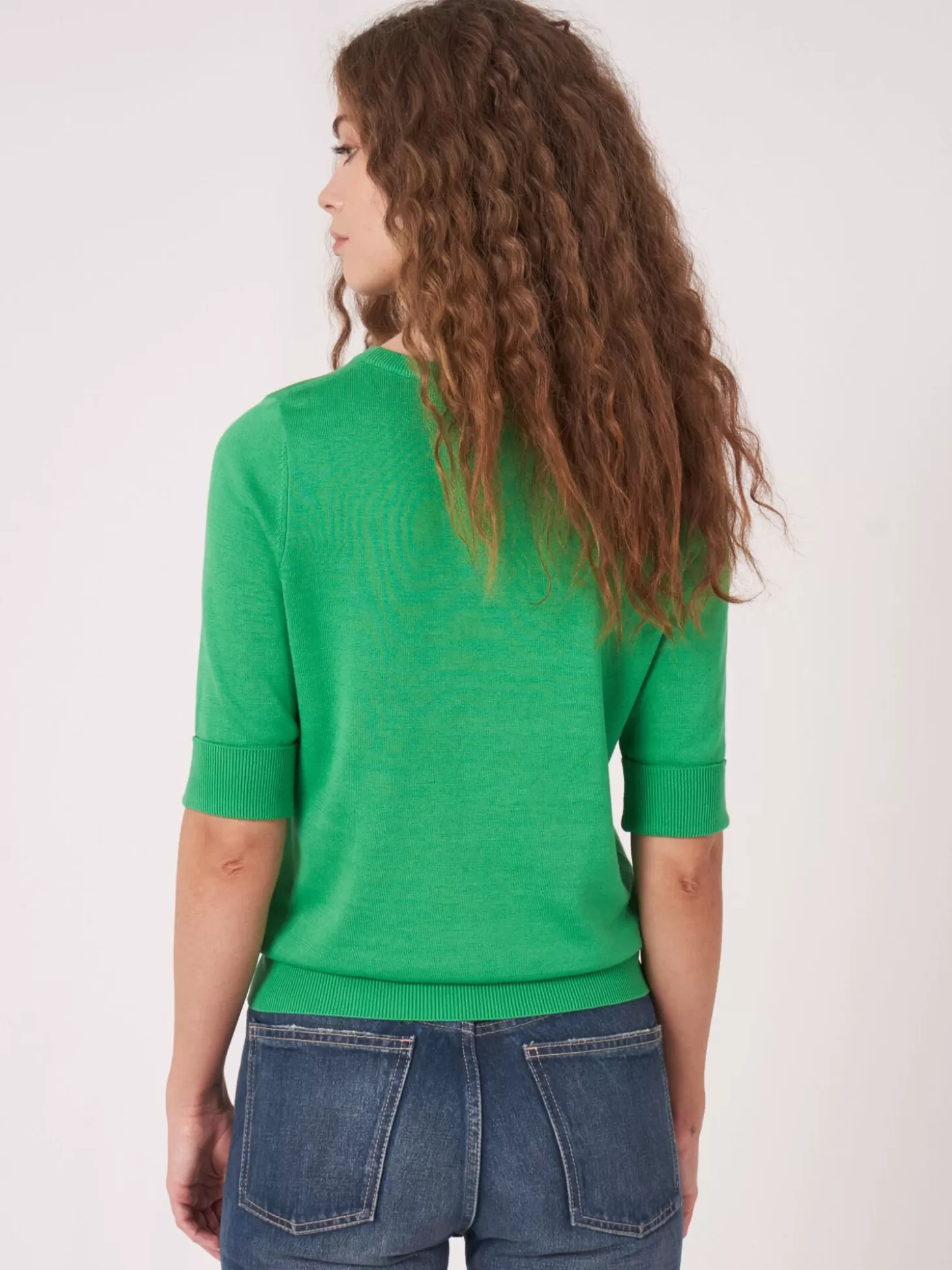 REPEAT cashmere Pull Basique A Manches Courtes En Maille Fine En Coton Melange Green Outlet
