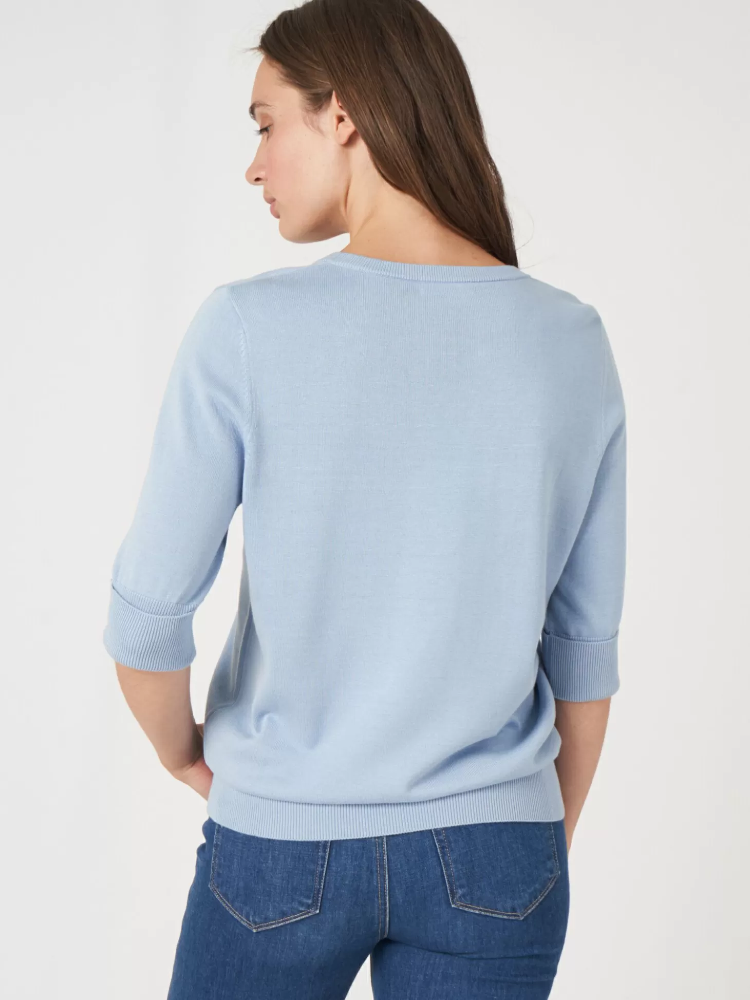 REPEAT cashmere Pull Basique A Manches Courtes En Maille Fine En Coton Melange Lt Blue Online