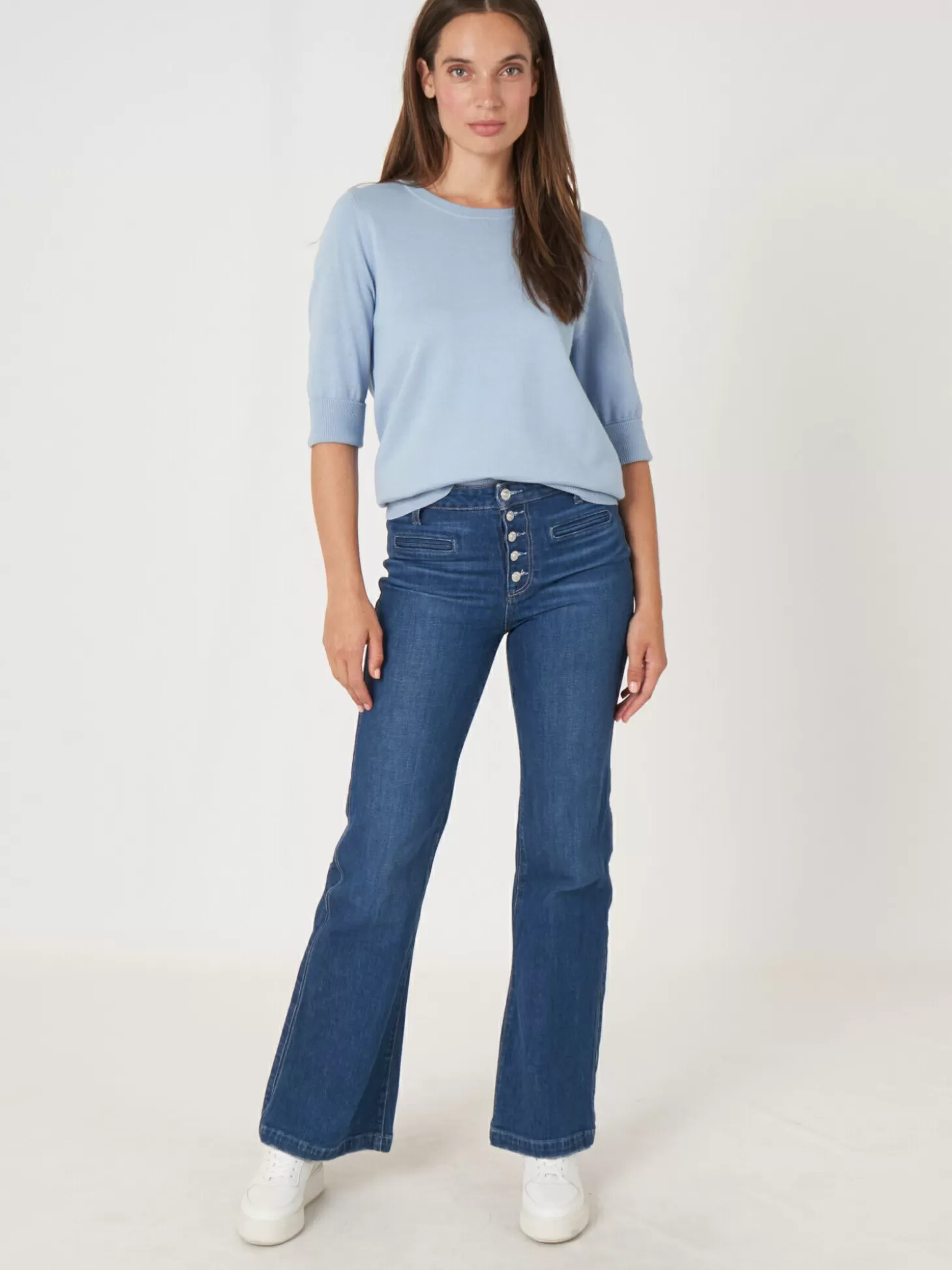 REPEAT cashmere Pull Basique A Manches Courtes En Maille Fine En Coton Melange Lt Blue Online