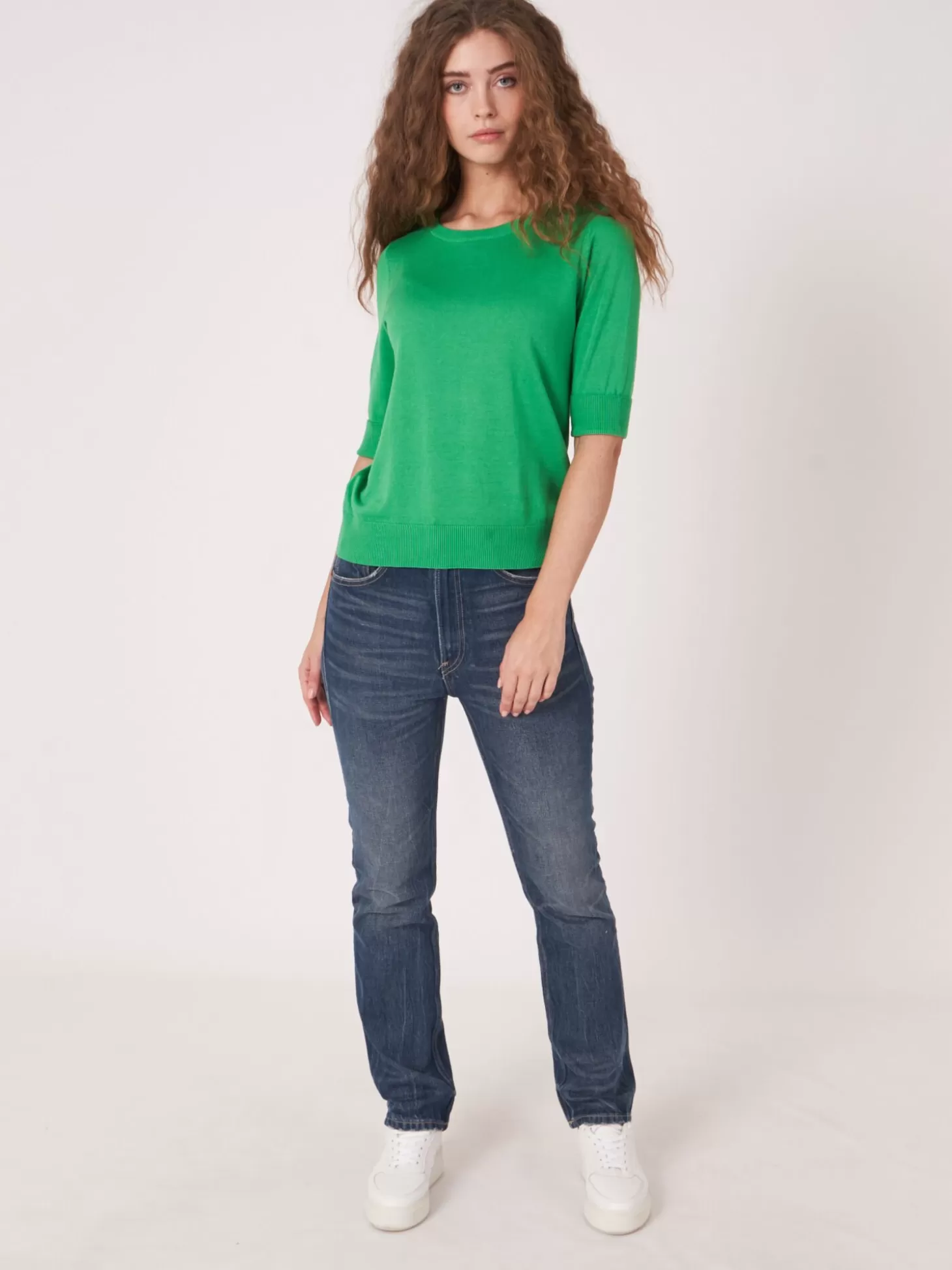 REPEAT cashmere Pull Basique A Manches Courtes En Maille Fine En Coton Melange Green Outlet