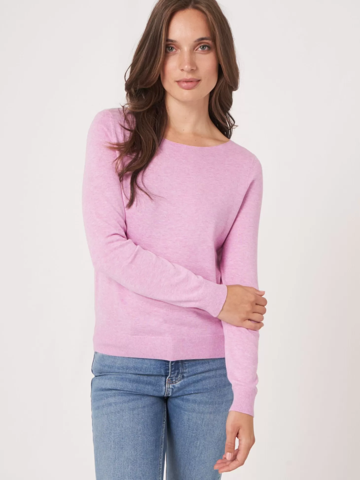 REPEAT cashmere Pull Basique A Manches Longues En Coton Biologique Melange Orchid New