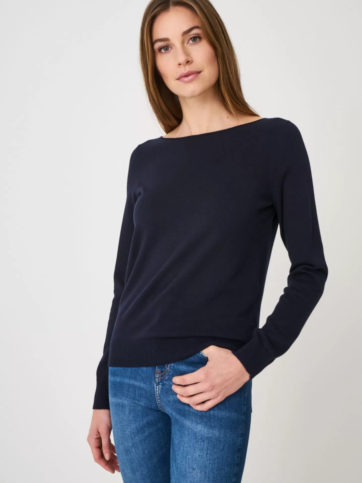 REPEAT cashmere Pull Basique A Manches Longues En Coton Melange Navy Fashion