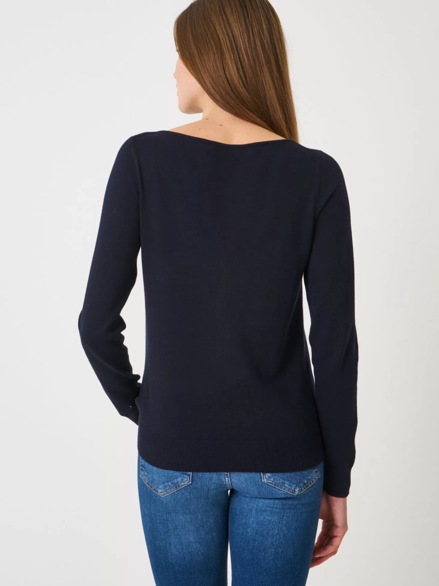 REPEAT cashmere Pull Basique A Manches Longues En Coton Melange Navy Fashion