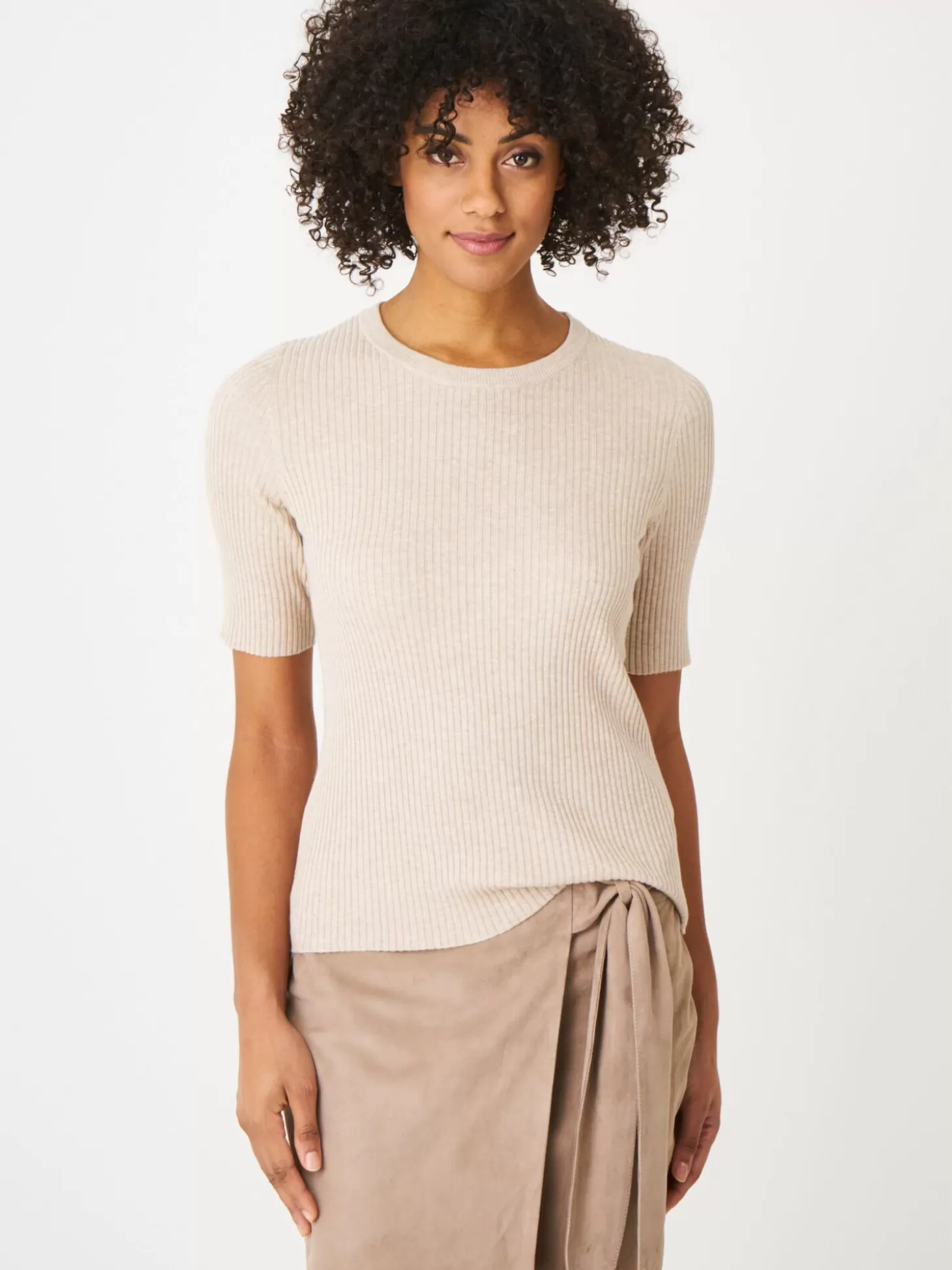 REPEAT cashmere Pull Basique Cotele A Manches Courtes Et Coupe Etroite Beige Flash Sale