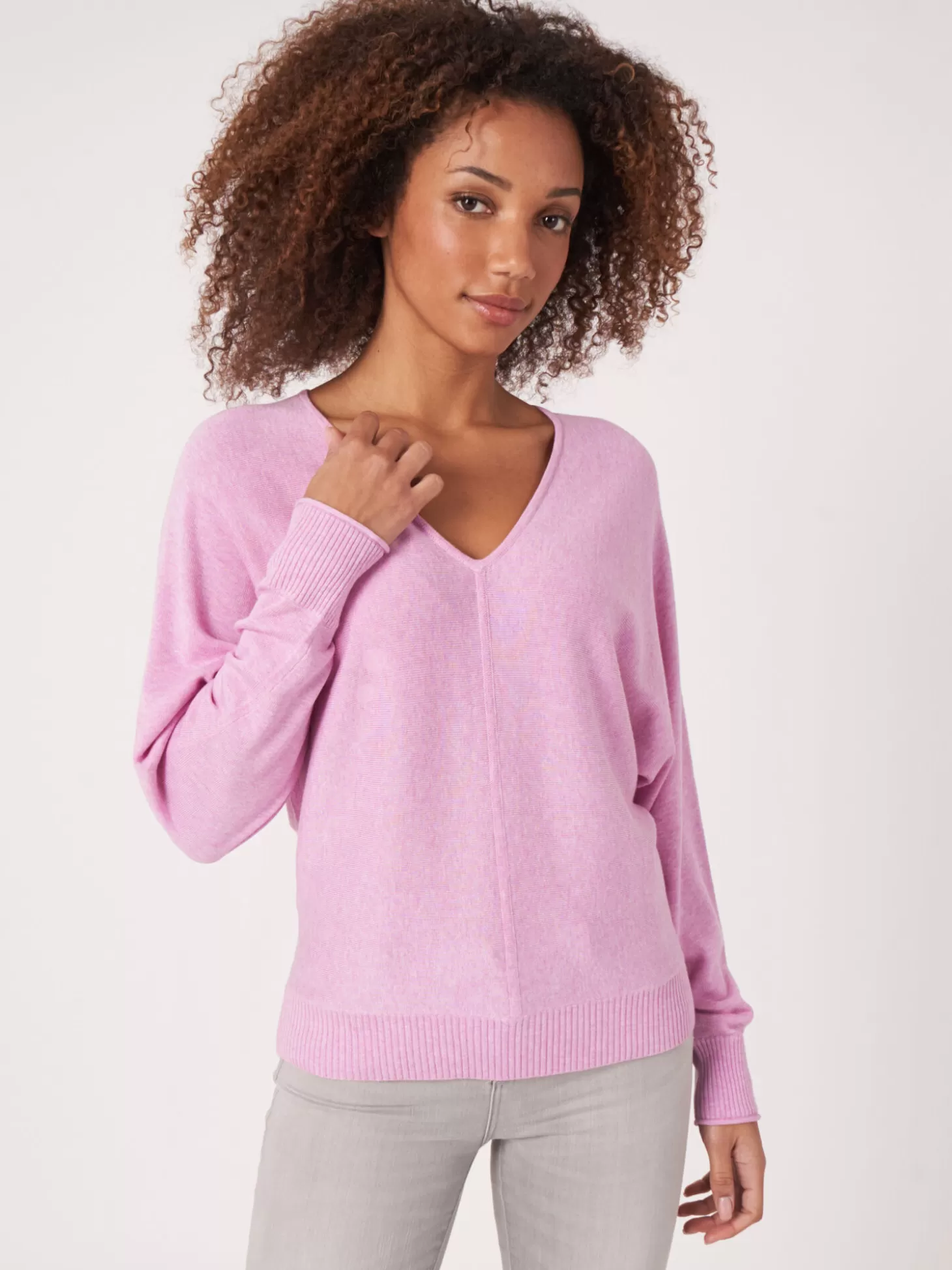 REPEAT cashmere Pull Batwing A Col En V En Coton Melange Orchid Clearance