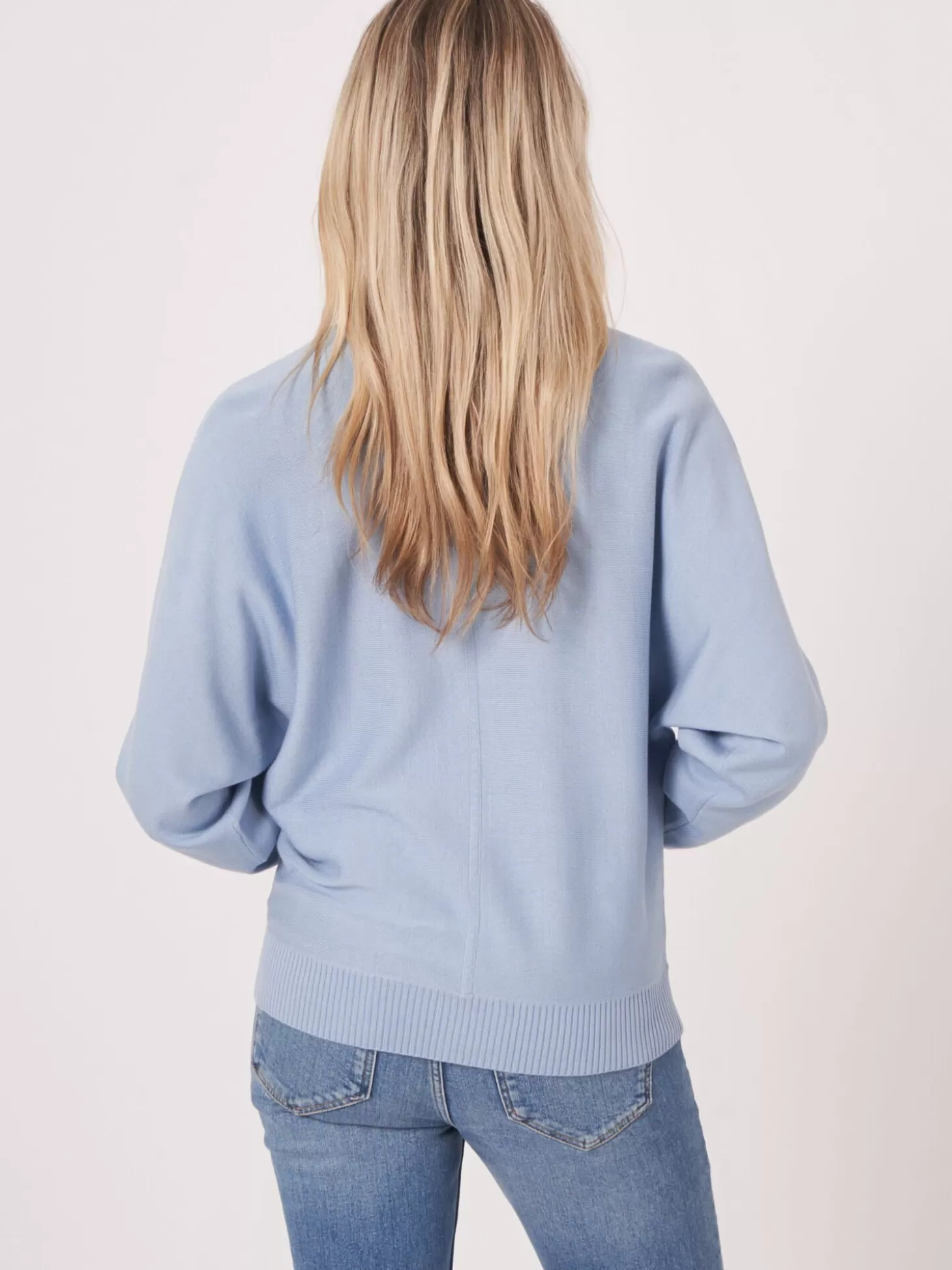 REPEAT cashmere Pull Batwing A Col En V En Coton Melange Lt Blue Flash Sale