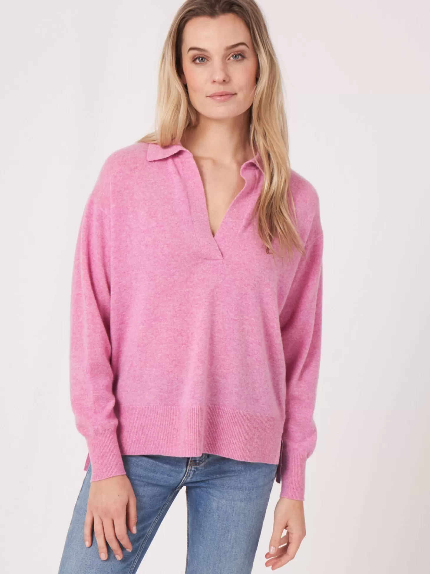 REPEAT cashmere Pull Col Polo Avec Fentes Laterales En Cachemire Biologique Blossom Outlet