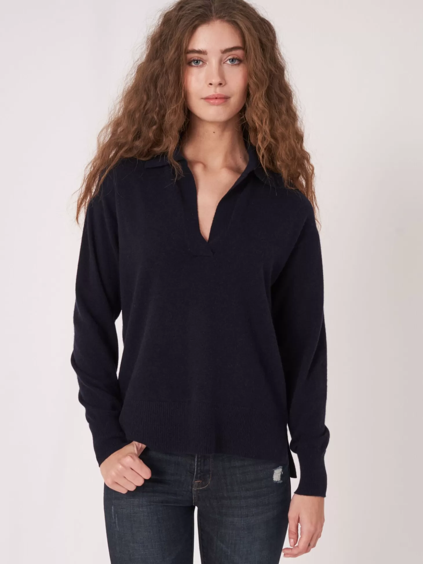 REPEAT cashmere Pull Col Polo Avec Fentes Laterales En Cachemire Biologique Navy Sale