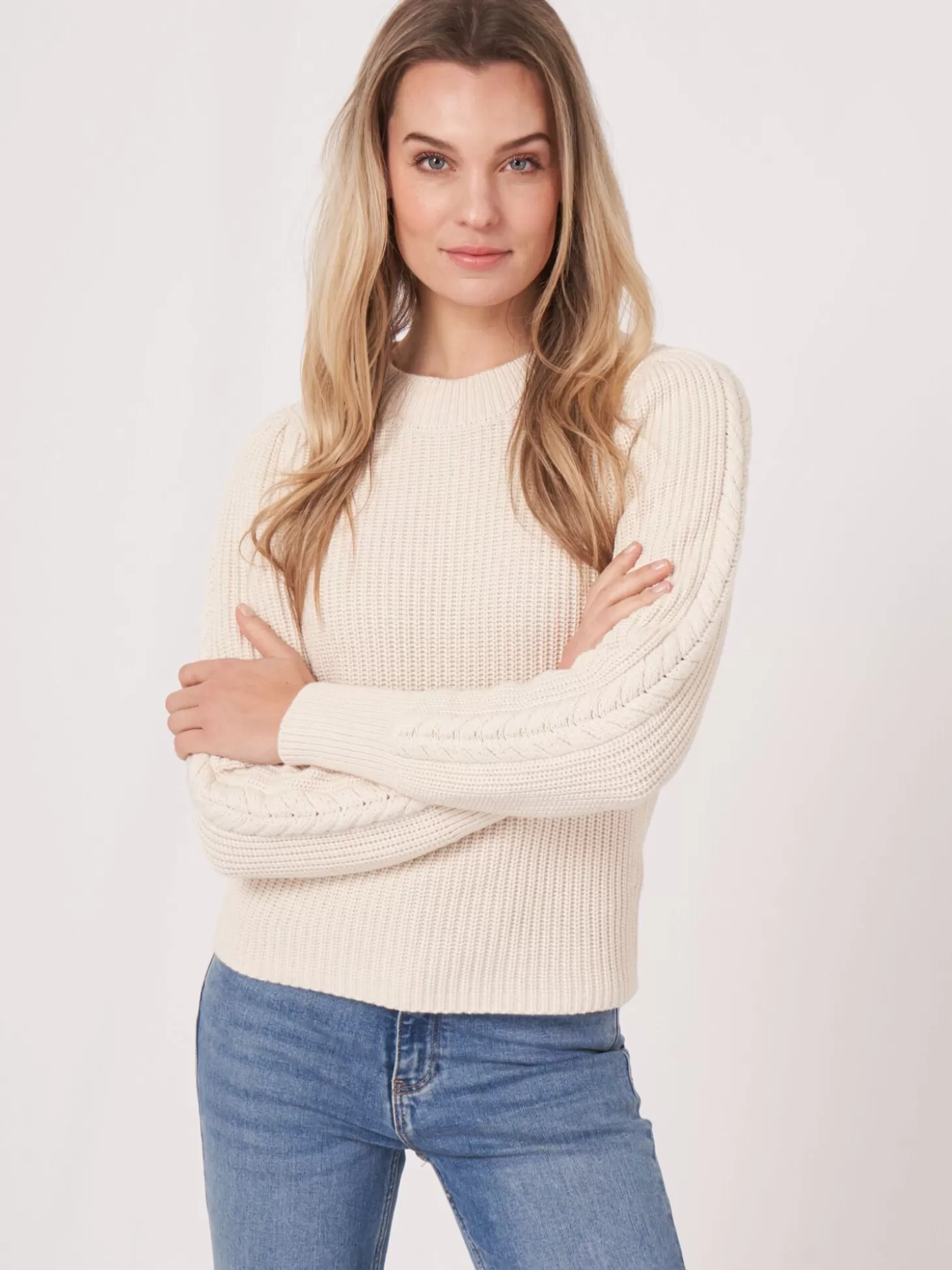 REPEAT cashmere Pull Cotele A Epaules Bouffantes Ivory Shop