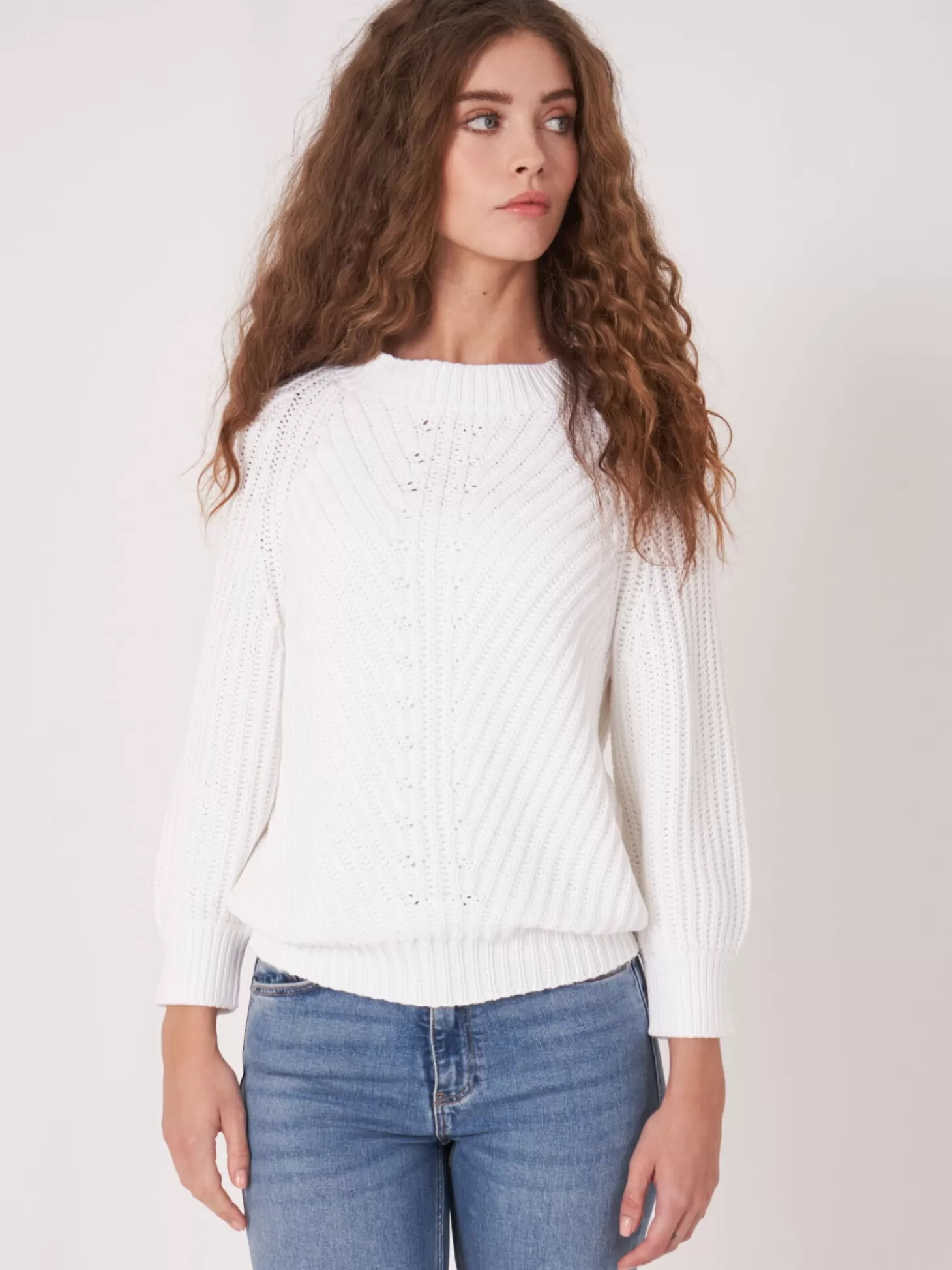 REPEAT cashmere Pull Court A Manches Bouffantes En Tricot Epais Et Cotele White Best Sale