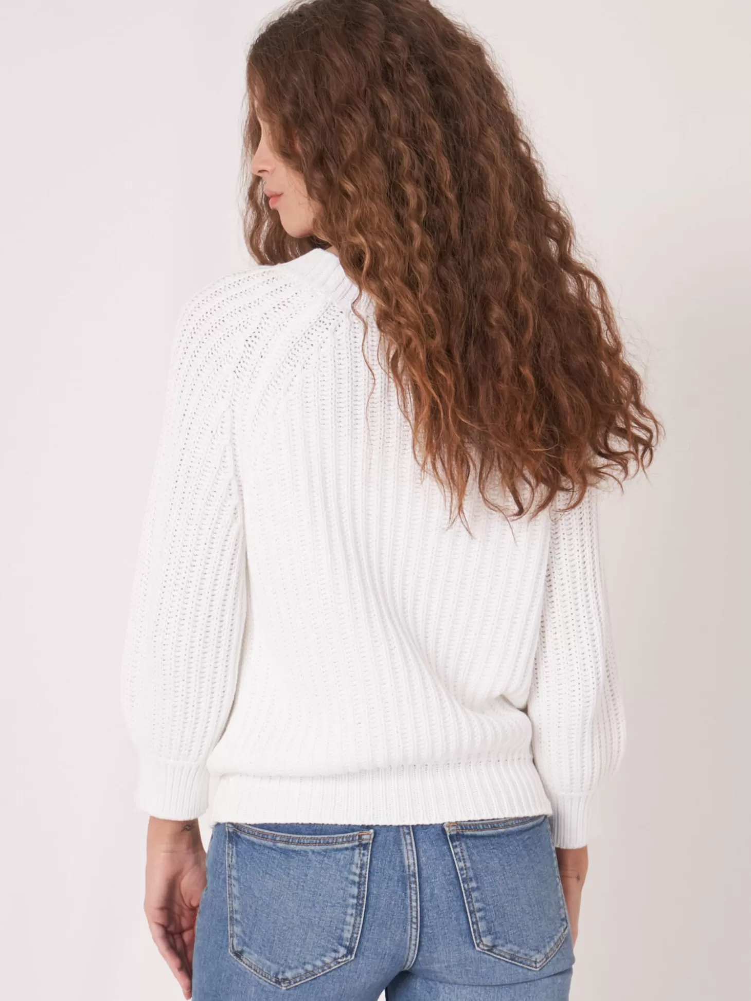 REPEAT cashmere Pull Court A Manches Bouffantes En Tricot Epais Et Cotele White Best Sale
