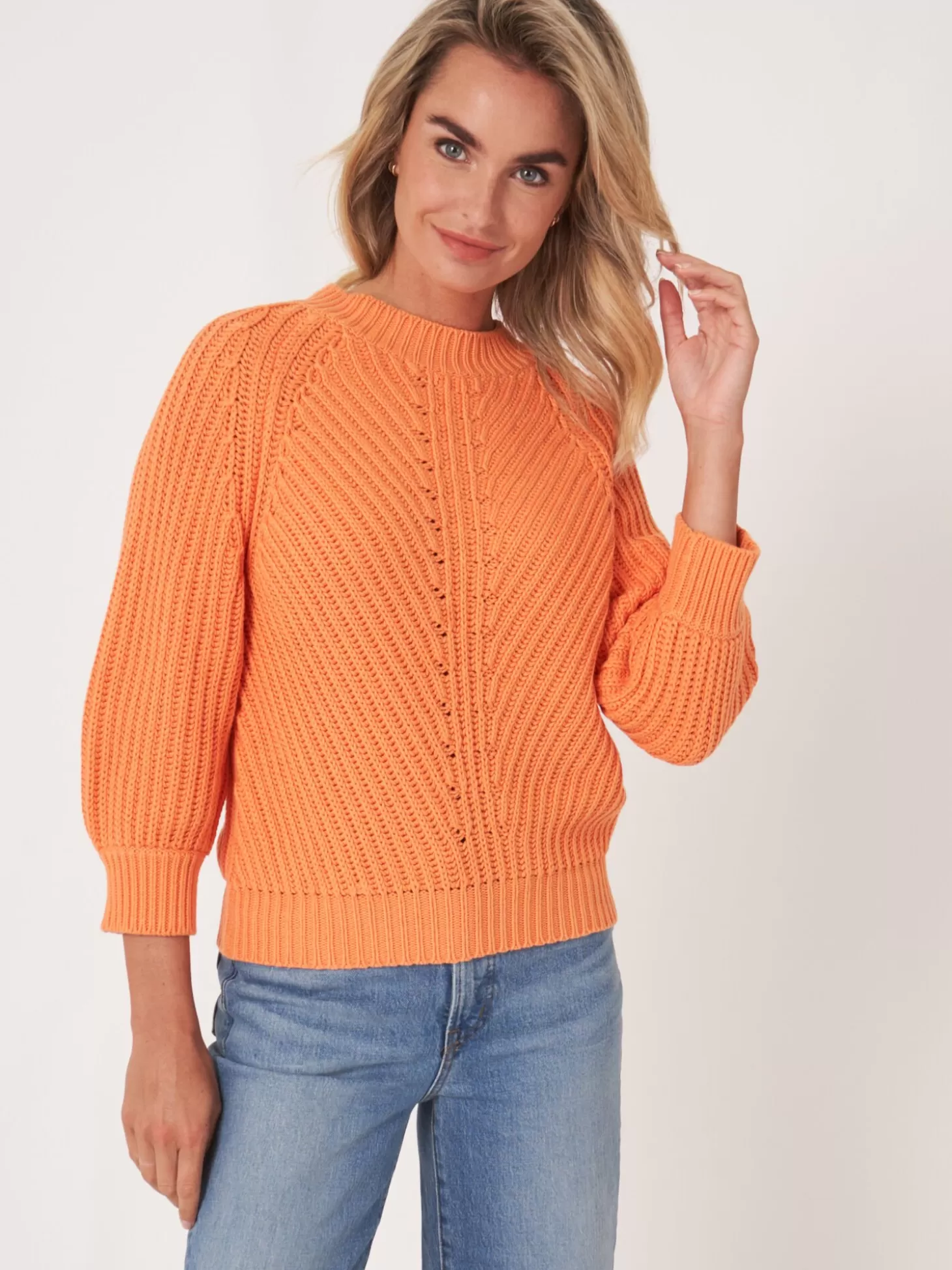 REPEAT cashmere Pull Court A Manches Bouffantes En Tricot Epais Et Cotele Papaya Fashion