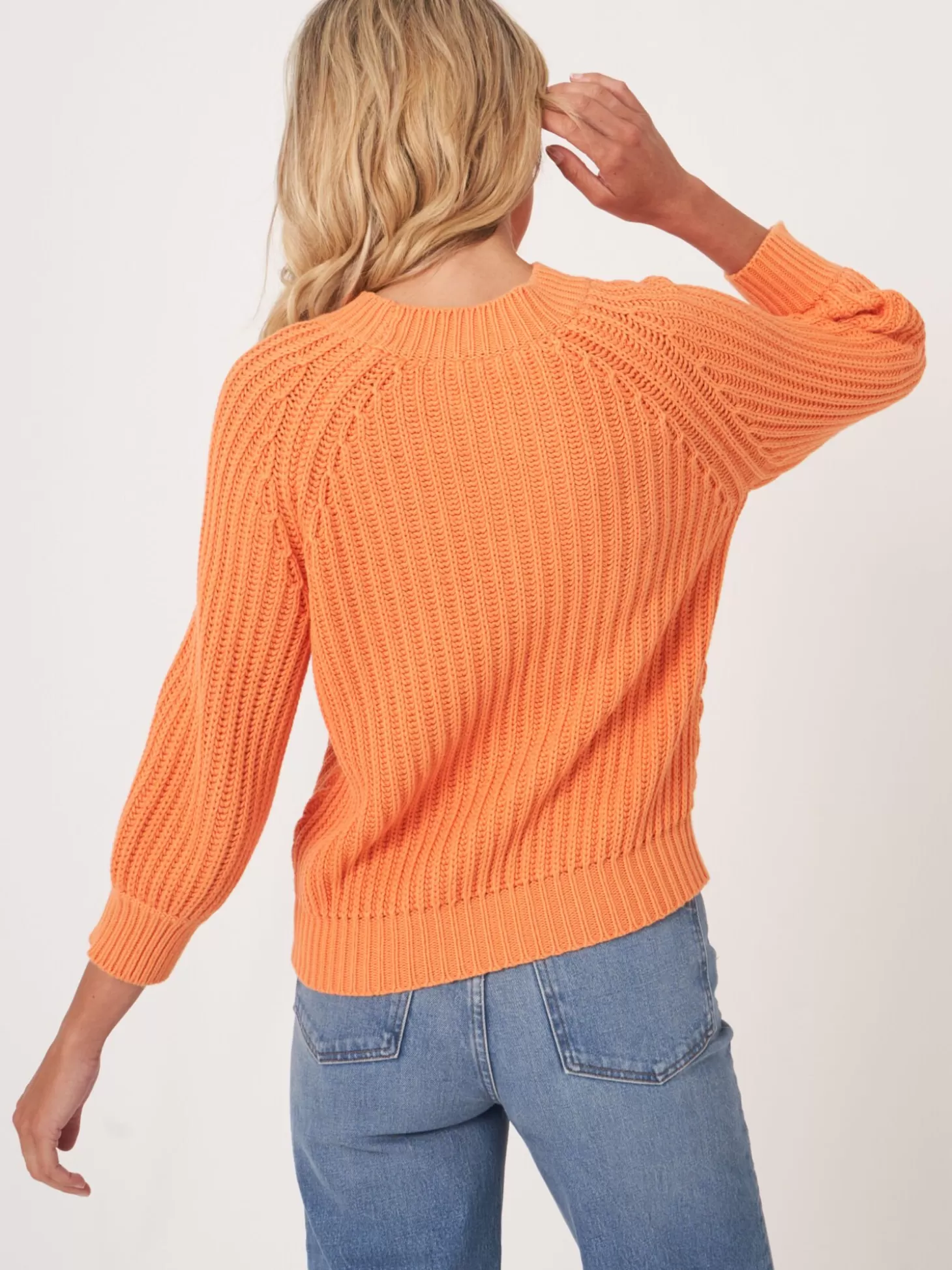REPEAT cashmere Pull Court A Manches Bouffantes En Tricot Epais Et Cotele Papaya Fashion