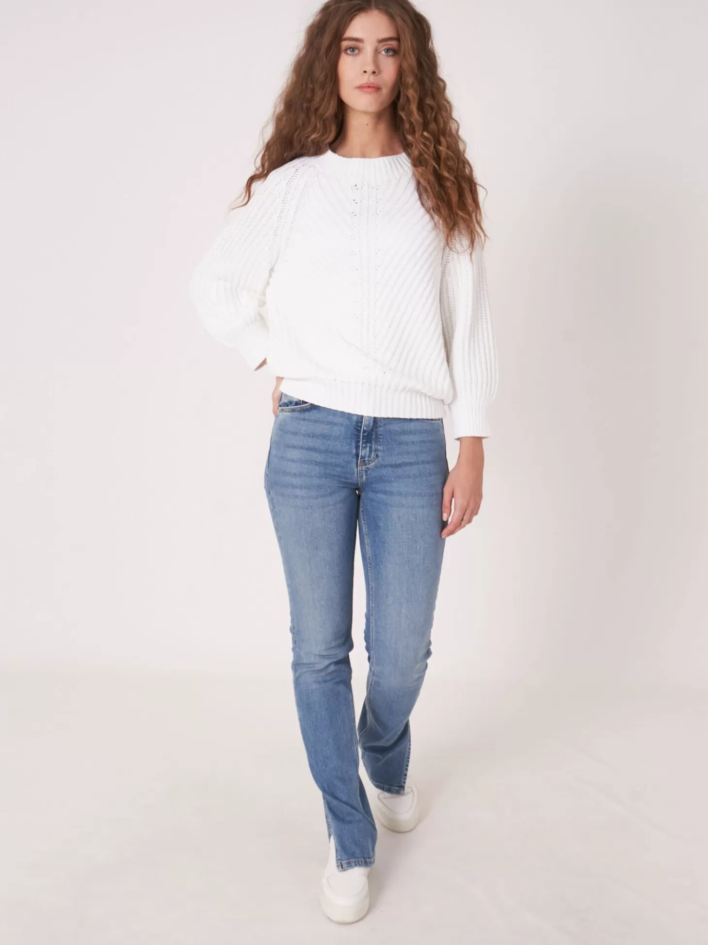 REPEAT cashmere Pull Court A Manches Bouffantes En Tricot Epais Et Cotele White Best Sale