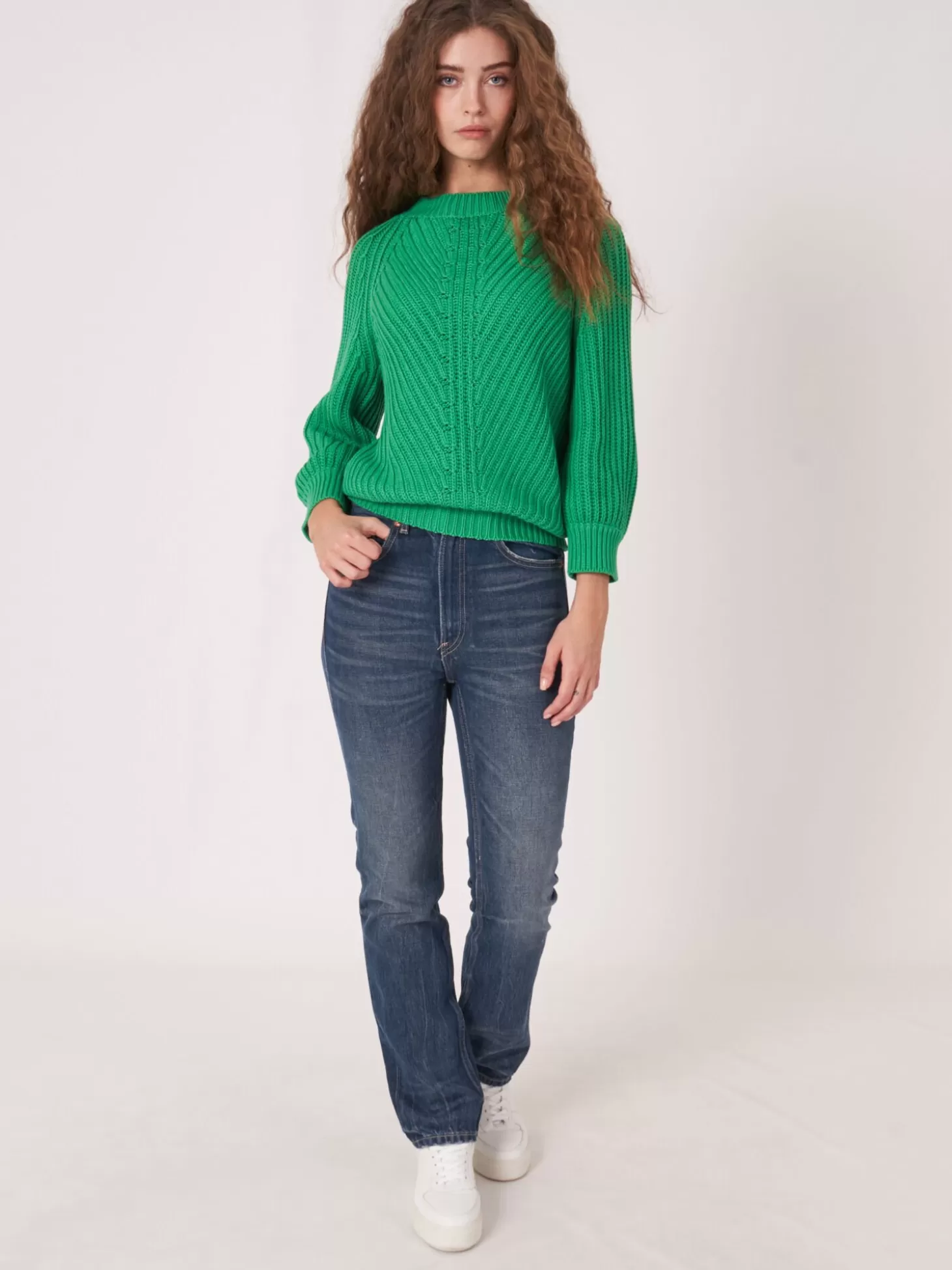 REPEAT cashmere Pull Court A Manches Bouffantes En Tricot Epais Et Cotele Green Outlet