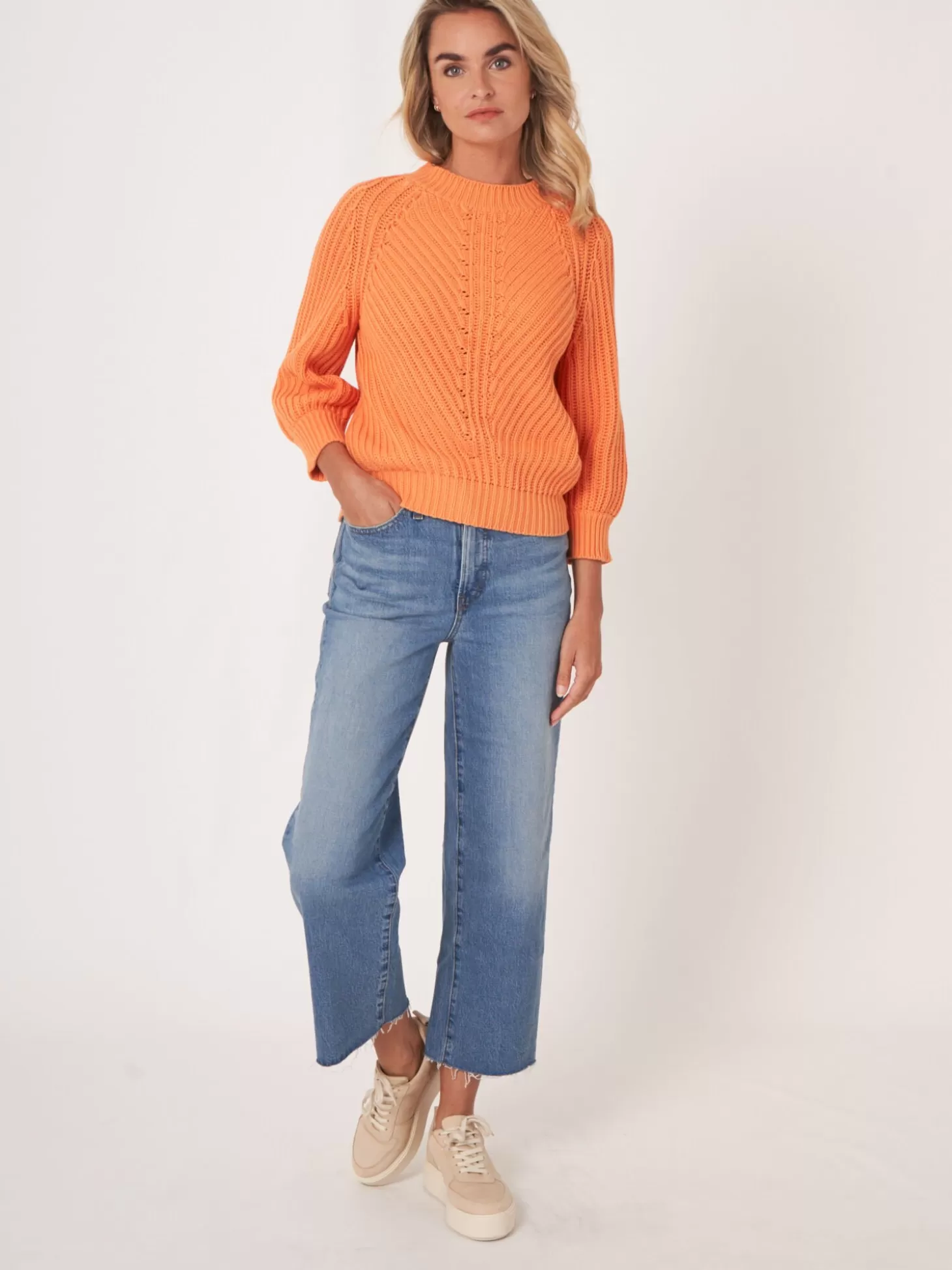 REPEAT cashmere Pull Court A Manches Bouffantes En Tricot Epais Et Cotele Papaya Fashion