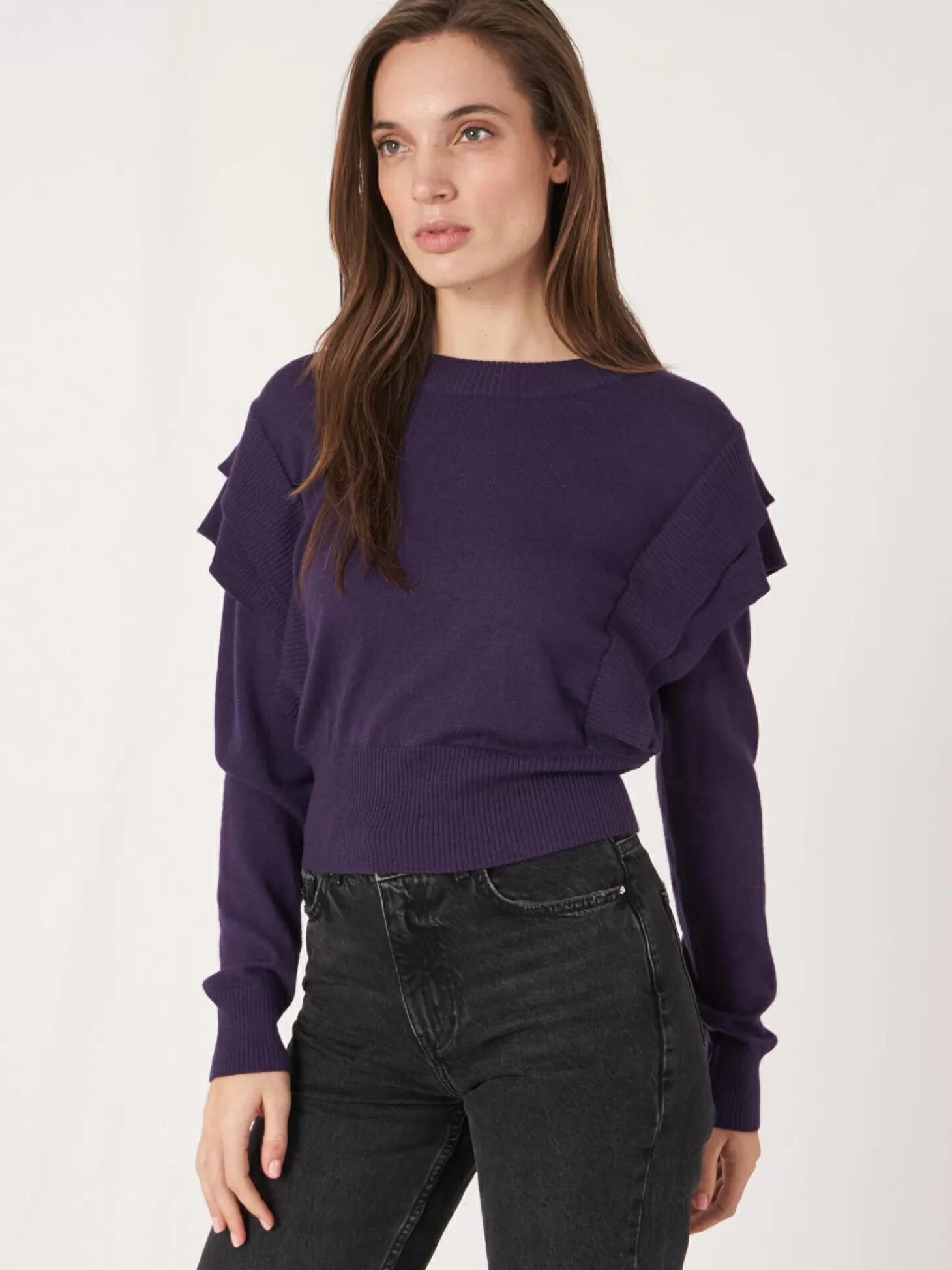 REPEAT cashmere Pull Court En Laine Merinos Avec Details Sur Les Epaules Purple Outlet