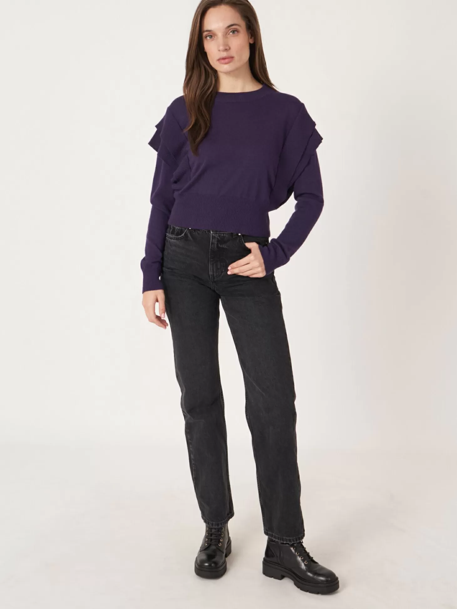 REPEAT cashmere Pull Court En Laine Merinos Avec Details Sur Les Epaules Purple Outlet