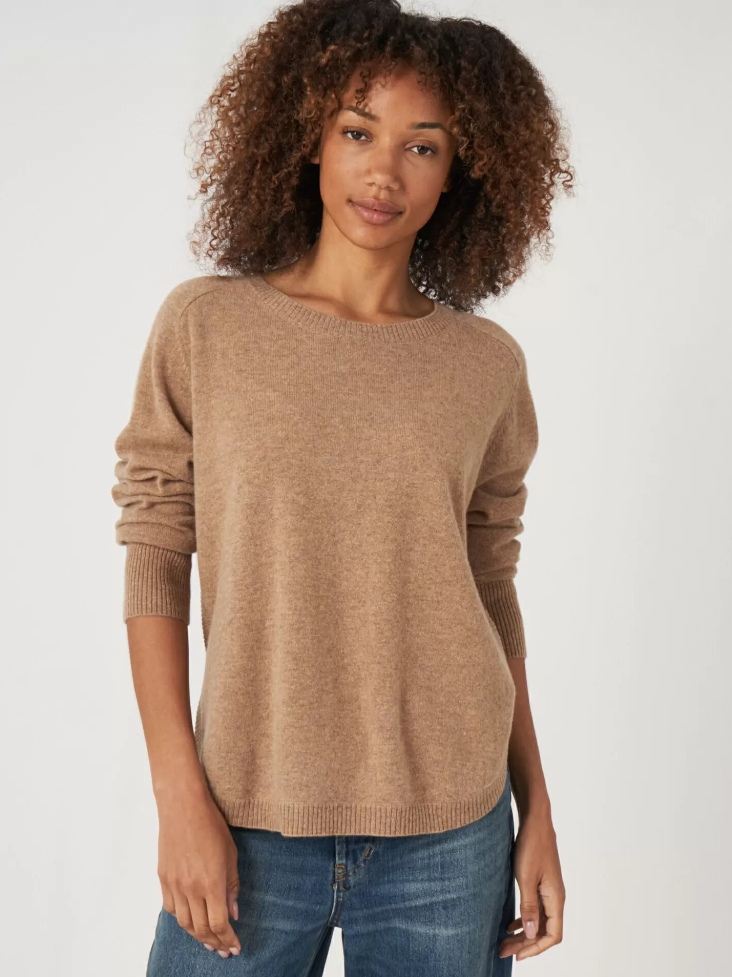 REPEAT cashmere Pull En Cachemire A Ourlet Rond Et Col Bateau Camel New