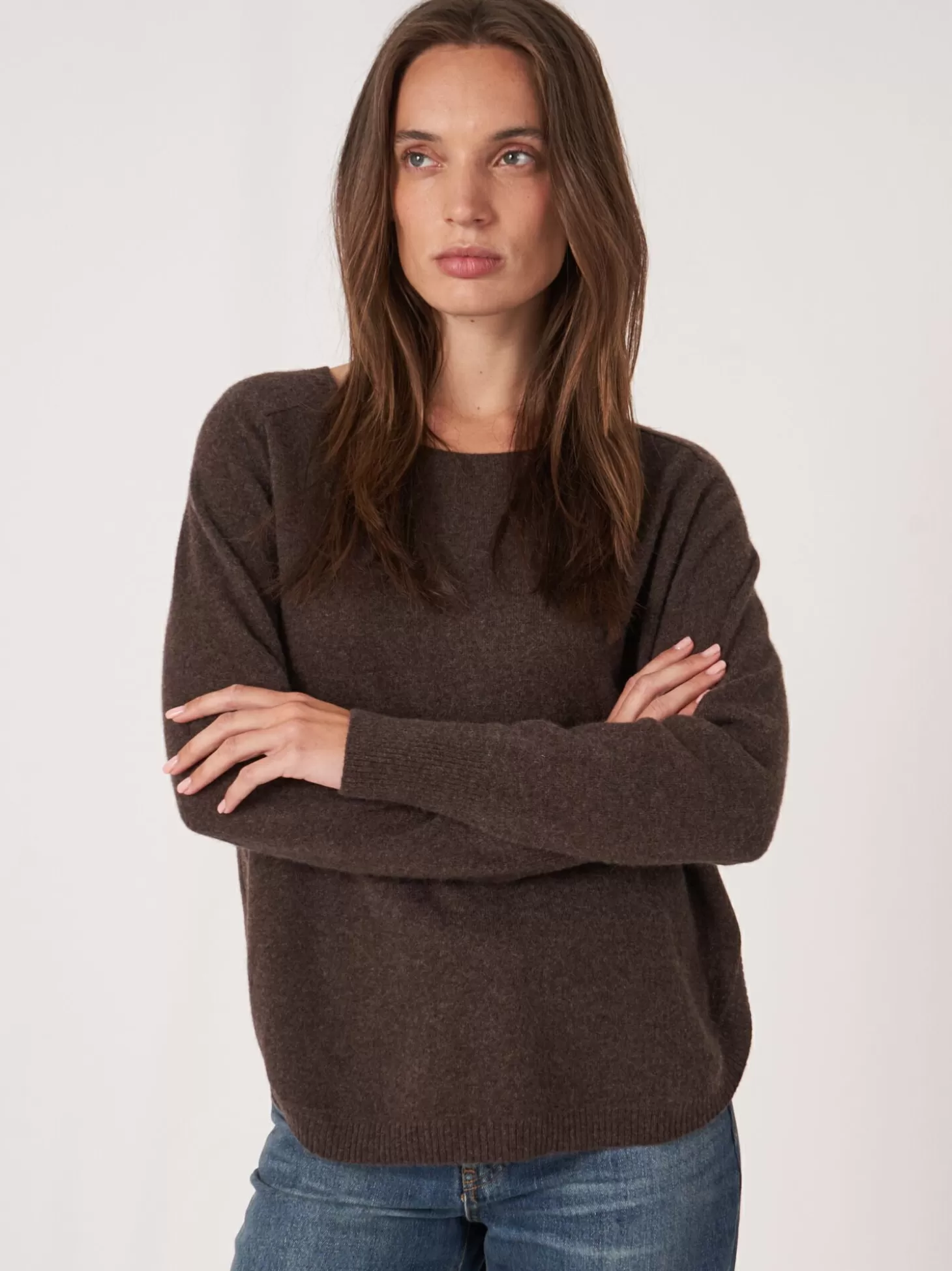 REPEAT cashmere Pull En Cachemire A Ourlet Rond Et Col Bateau Chocolate Best Sale