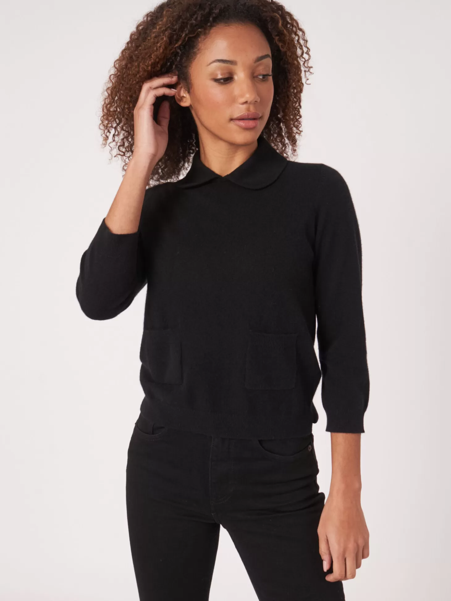 REPEAT cashmere Pull En Cachemire Biologique Avec Col Polo Et Poches Sur Le Devant Black Hot
