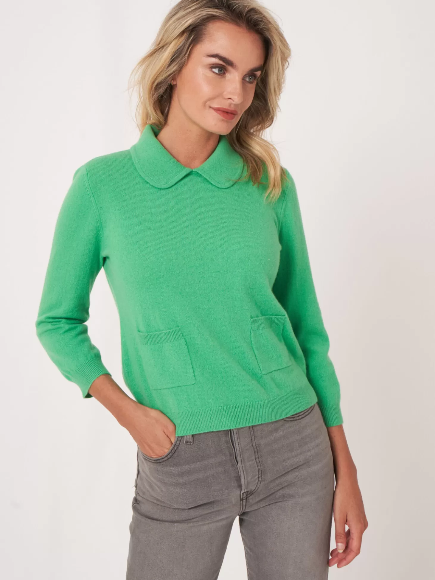 REPEAT cashmere Pull En Cachemire Biologique Avec Col Polo Et Poches Sur Le Devant Basil Clearance