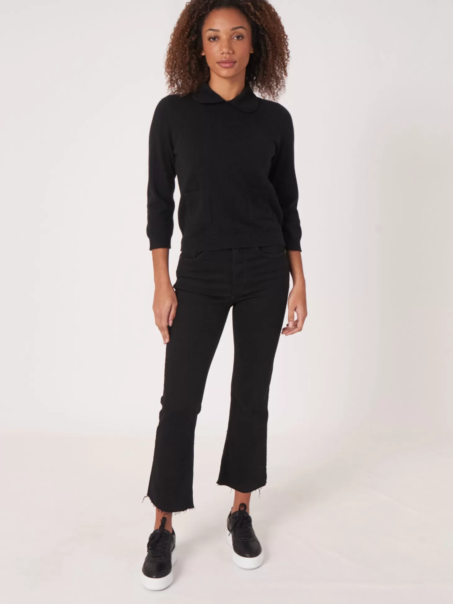 REPEAT cashmere Pull En Cachemire Biologique Avec Col Polo Et Poches Sur Le Devant Black Hot