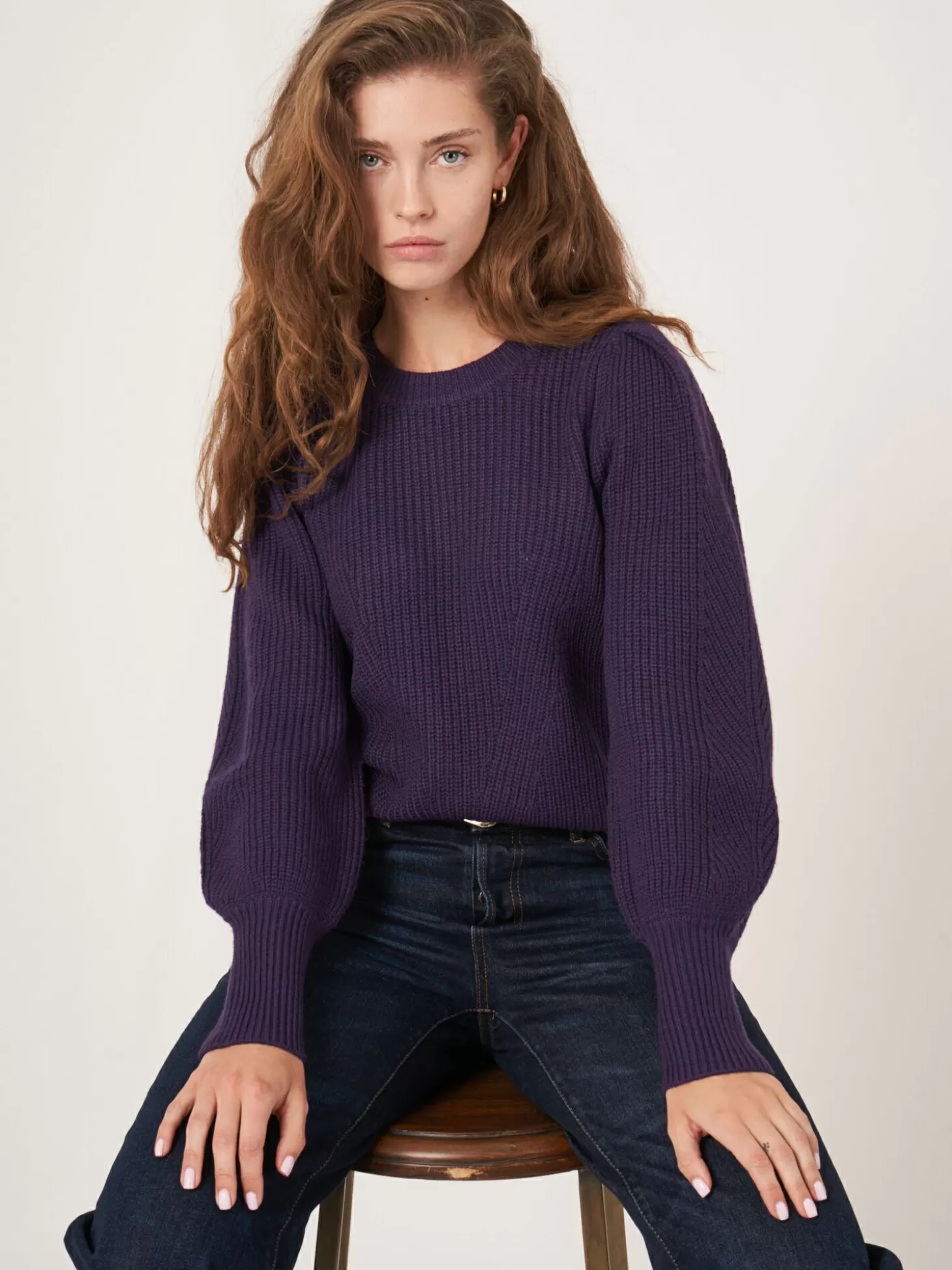REPEAT cashmere Pull En Maille Cotelee A Details Plisses Aux Epaules En Laine Merinos Purple Cheap