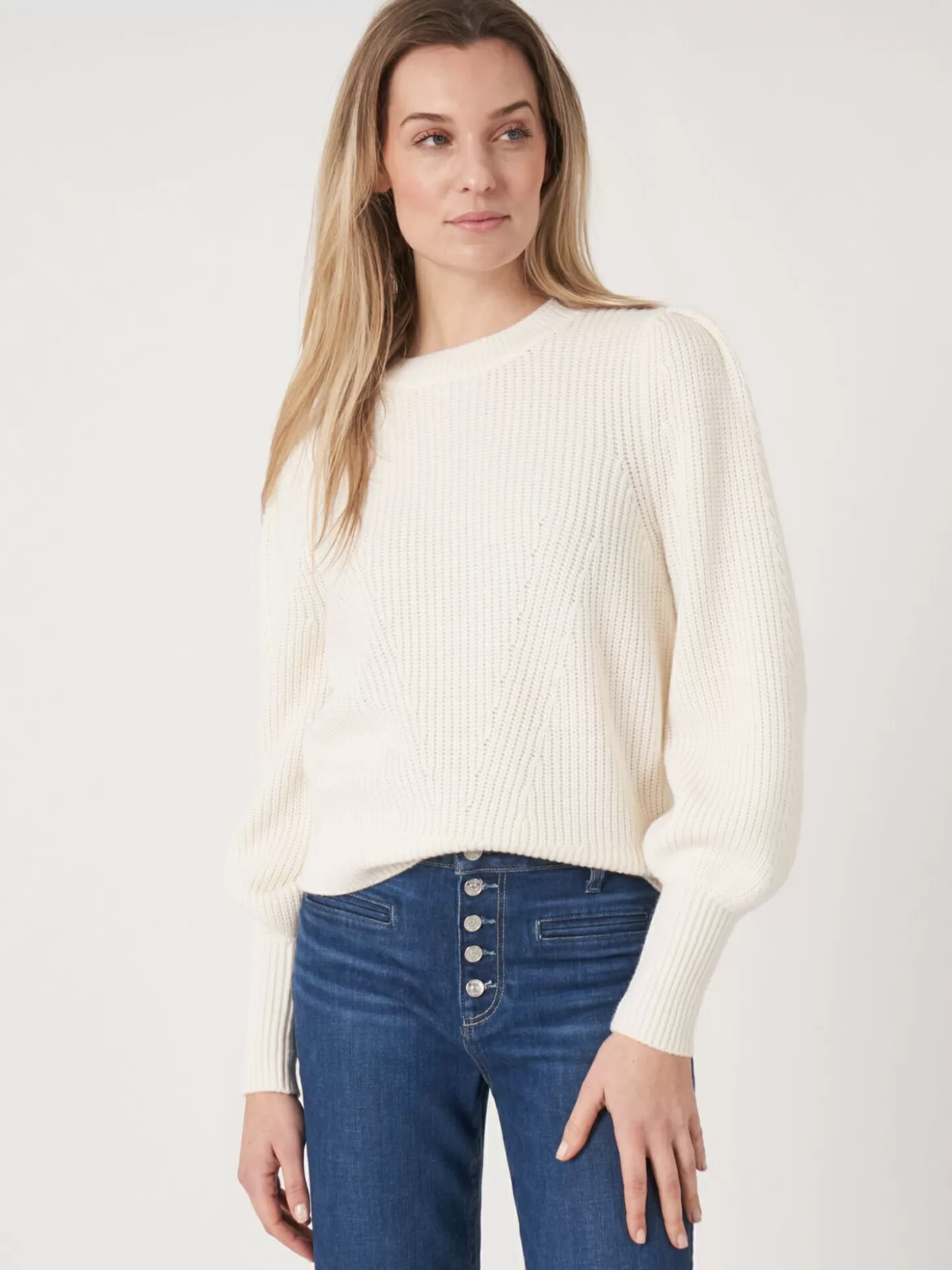 REPEAT cashmere Pull En Maille Cotelee A Details Plisses Aux Epaules En Laine Merinos Cream Best