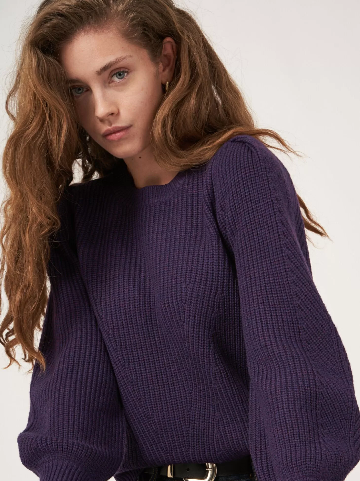 REPEAT cashmere Pull En Maille Cotelee A Details Plisses Aux Epaules En Laine Merinos Purple Cheap