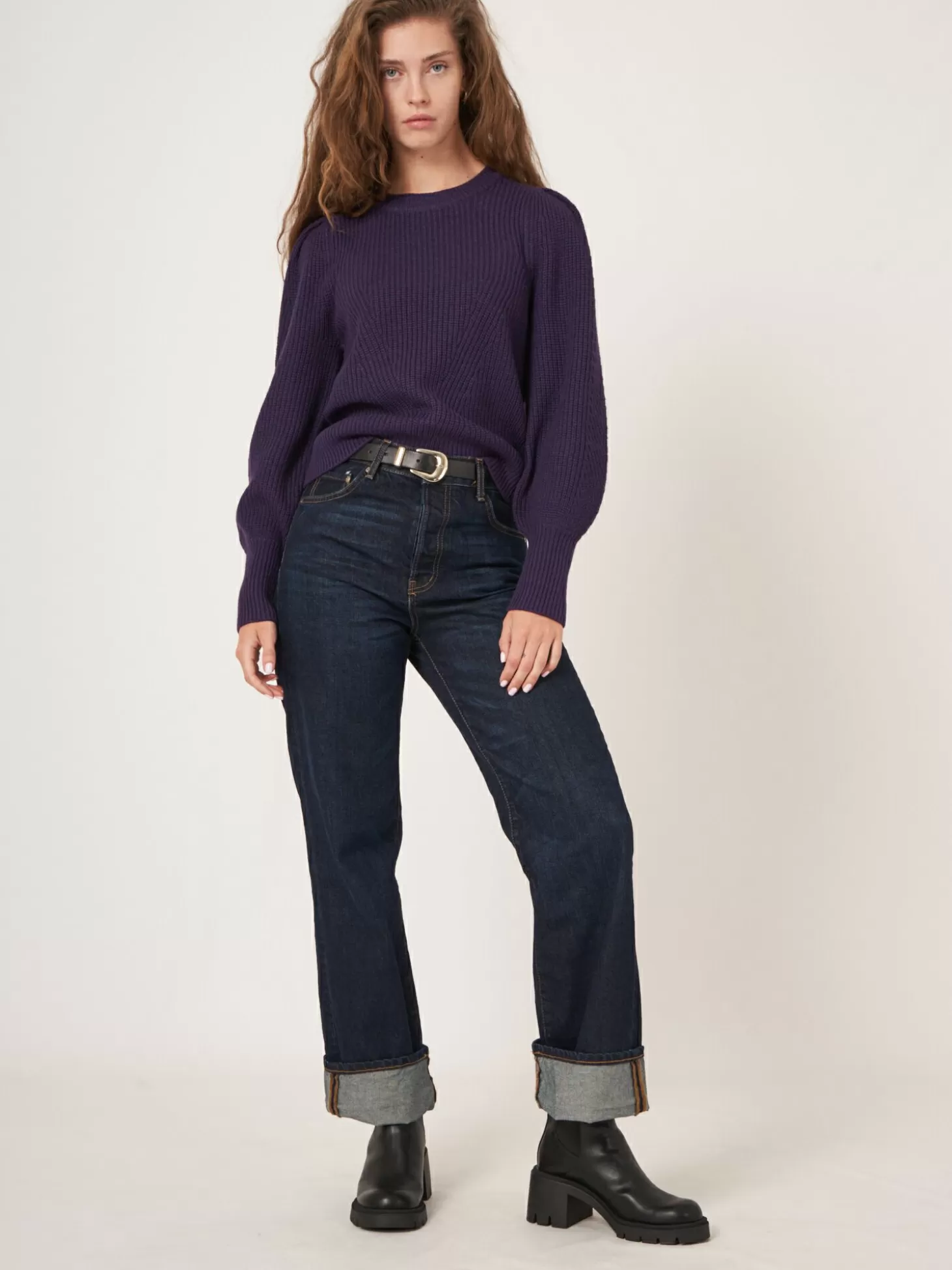 REPEAT cashmere Pull En Maille Cotelee A Details Plisses Aux Epaules En Laine Merinos Purple Cheap
