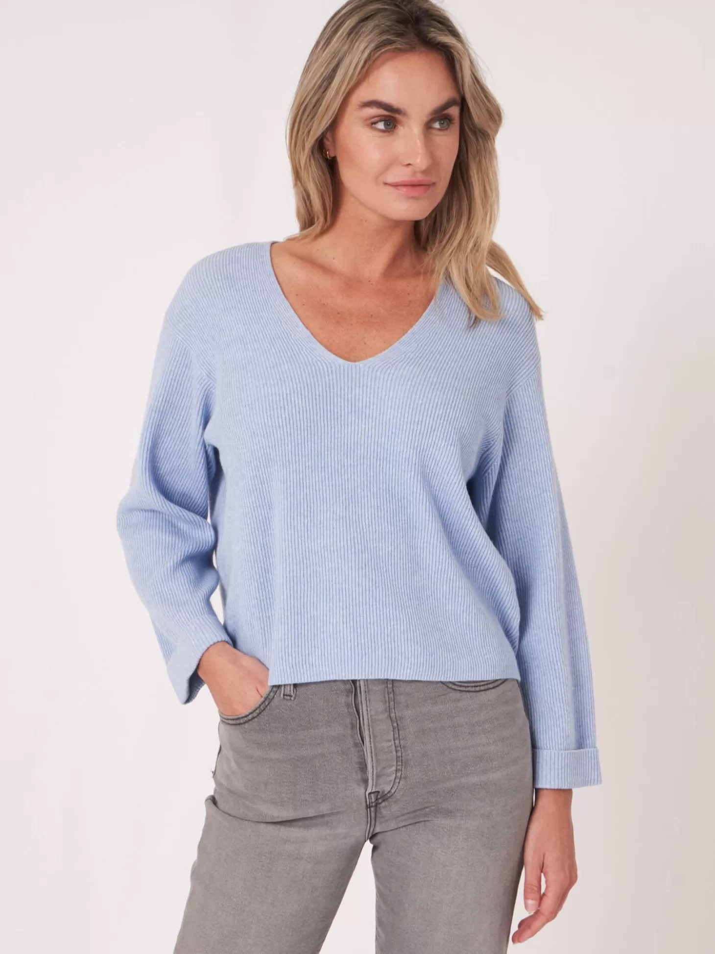 REPEAT cashmere Pull En Melange Coton Cachemire A Fines Cotes Sky Hot