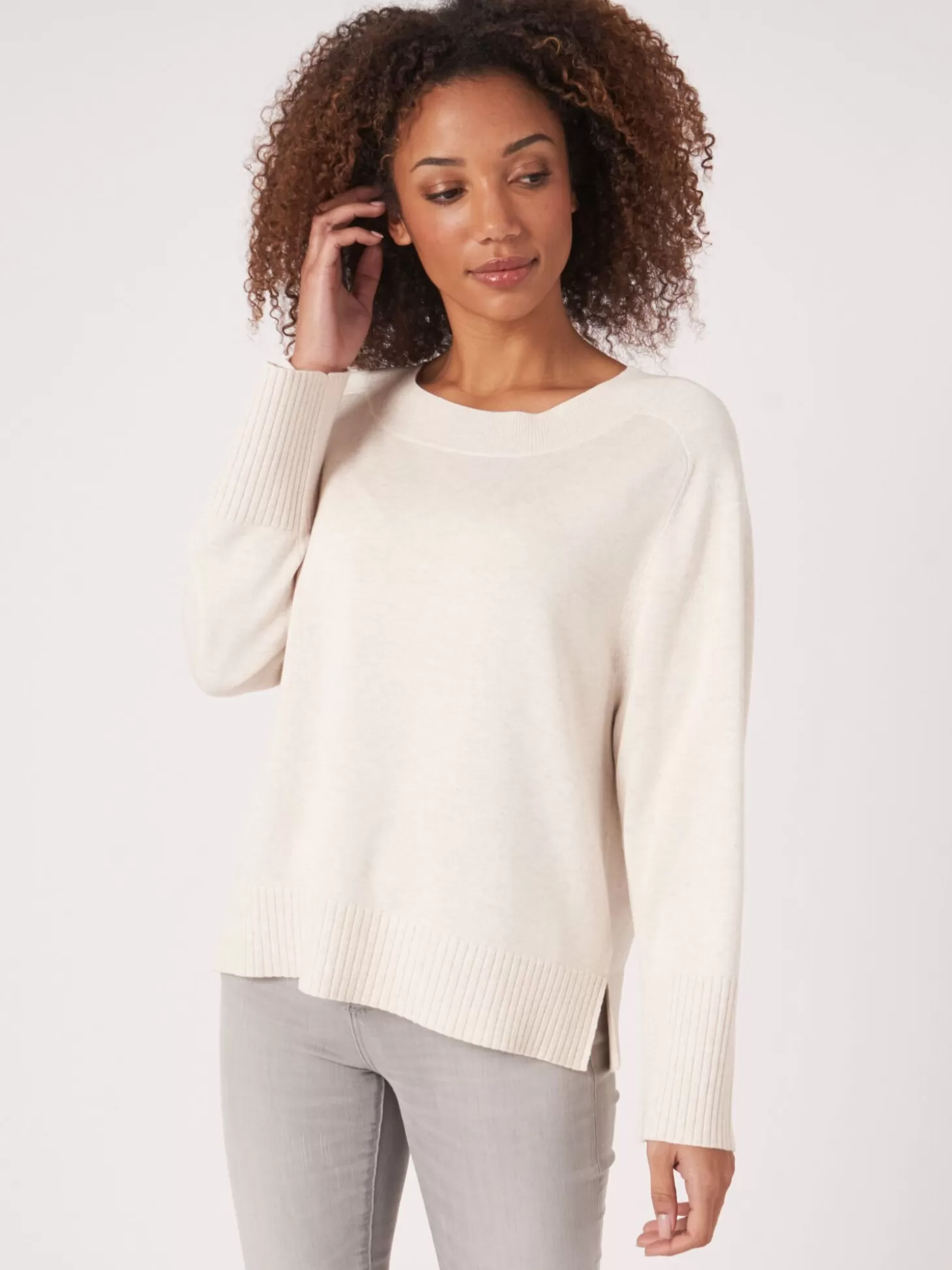 REPEAT cashmere Pull En Tricot Avec Large Ourlet Cotele Ivory Flash Sale