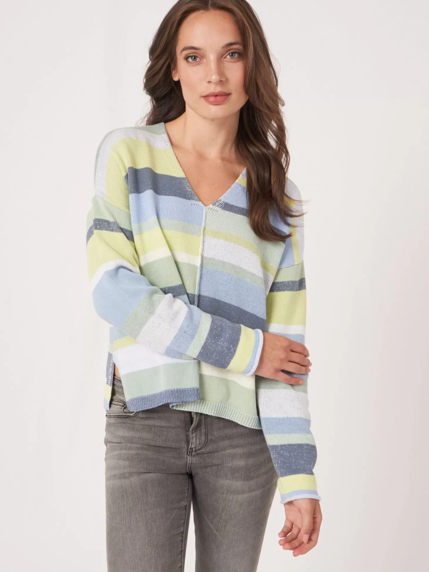 REPEAT cashmere Pull Maille De Coton A Rayures Multicolores Denim Multicolor New