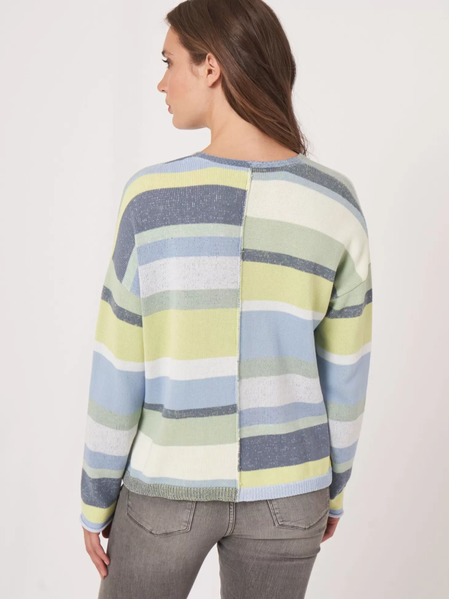 REPEAT cashmere Pull Maille De Coton A Rayures Multicolores Denim Multicolor New