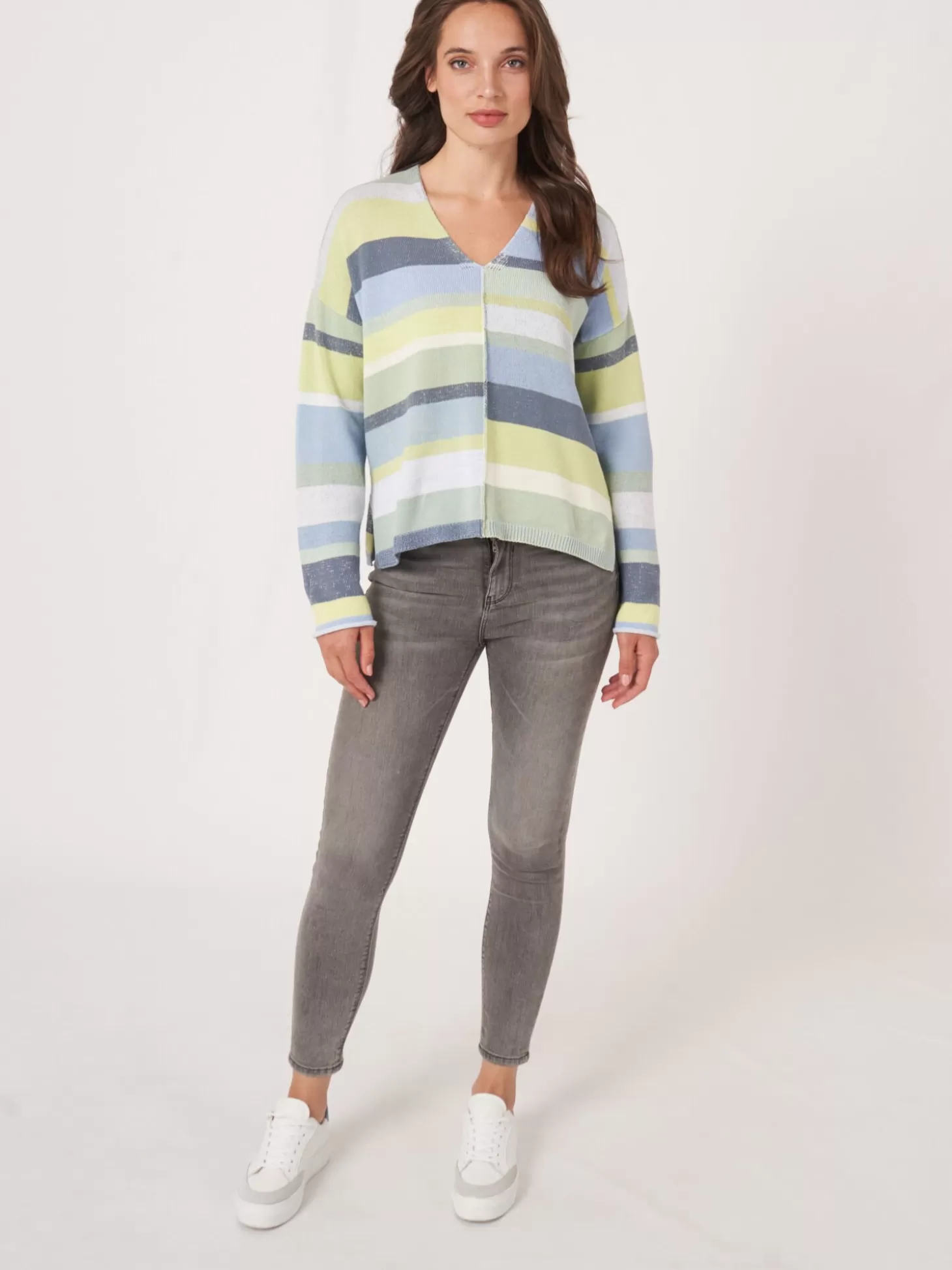 REPEAT cashmere Pull Maille De Coton A Rayures Multicolores Denim Multicolor New