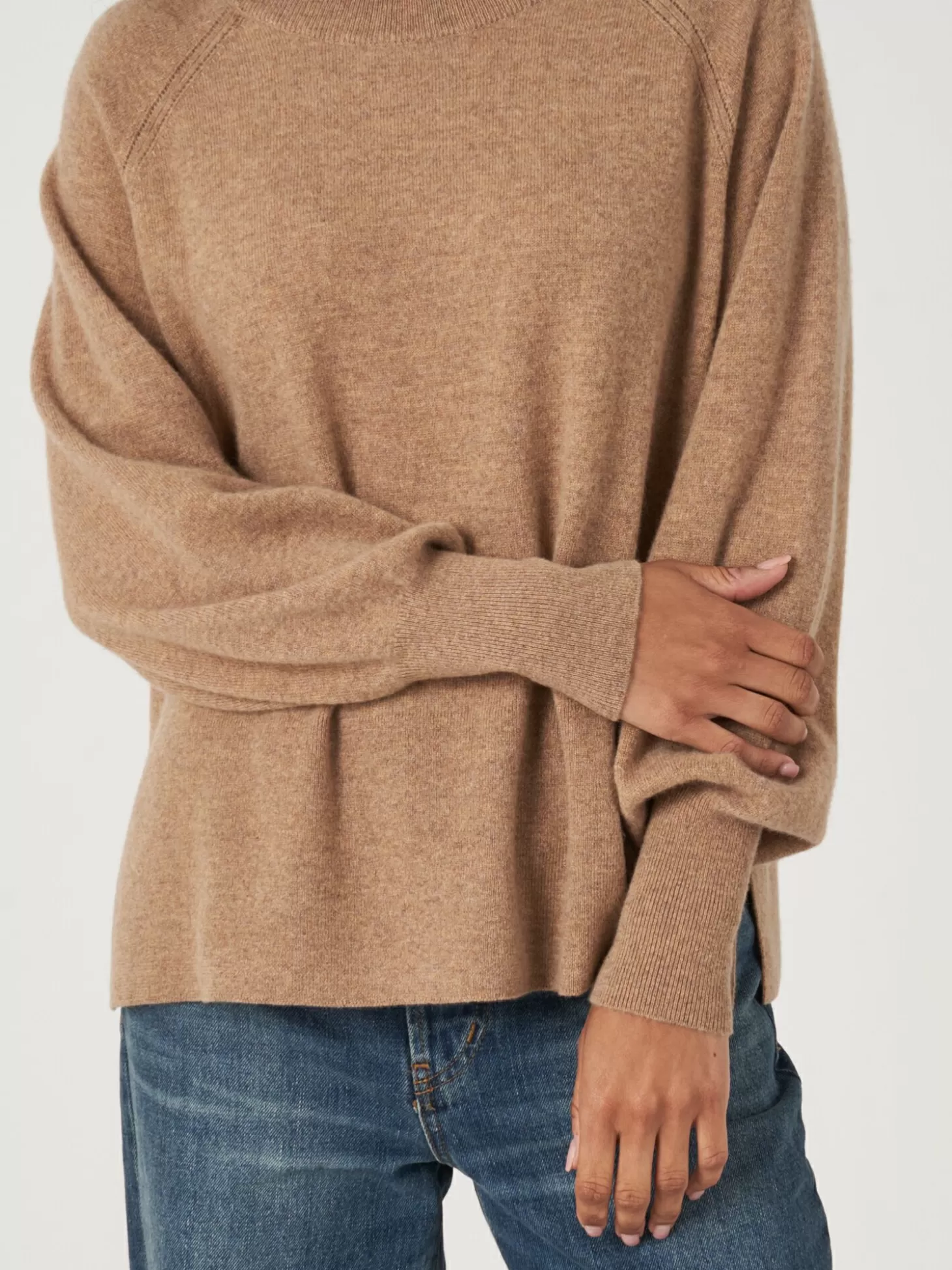 REPEAT cashmere Pull Raglan En Cachemire Avec Ourlet Cotele Et Fente Laterale Camel Clearance