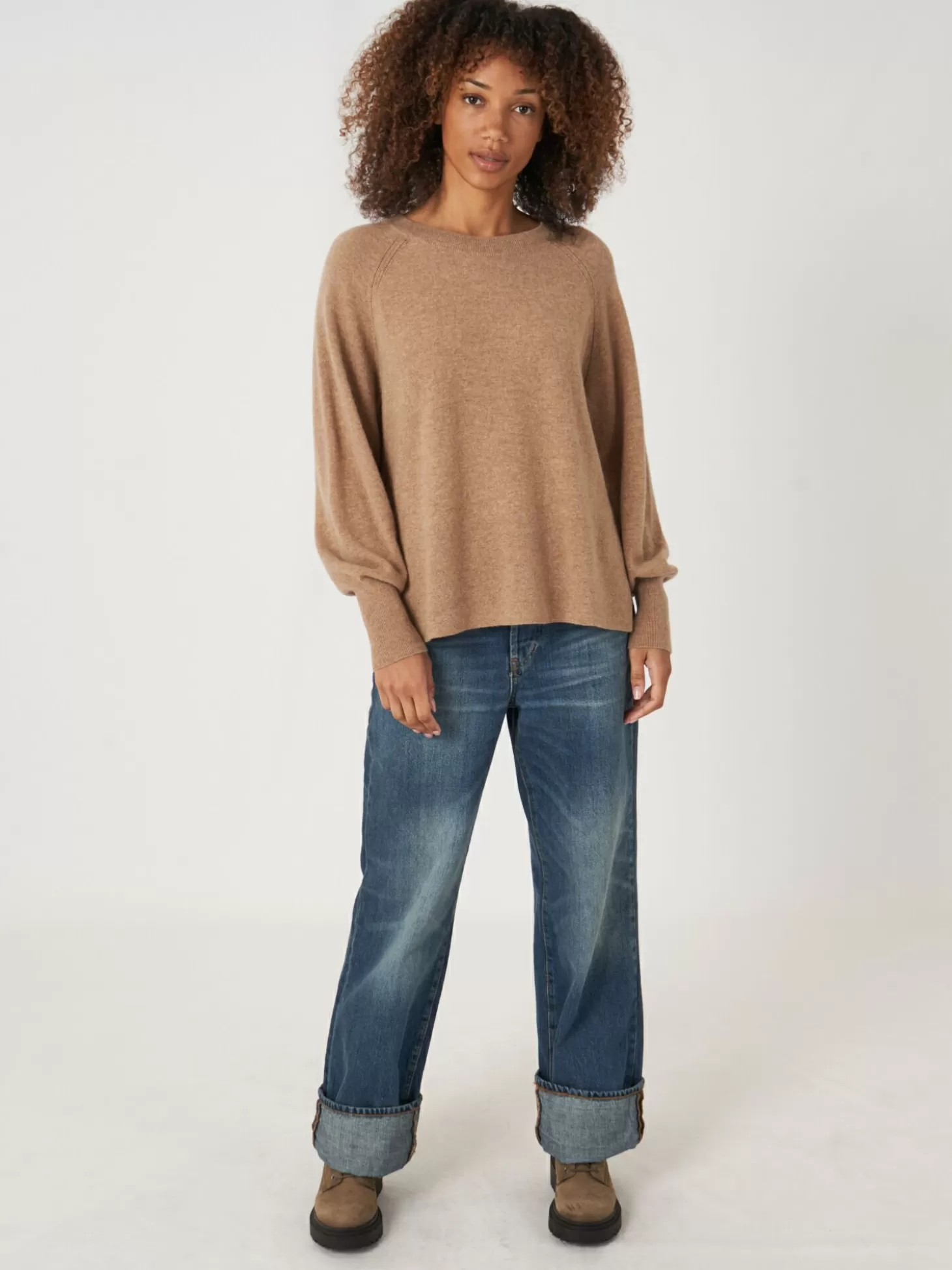 REPEAT cashmere Pull Raglan En Cachemire Avec Ourlet Cotele Et Fente Laterale Camel Clearance