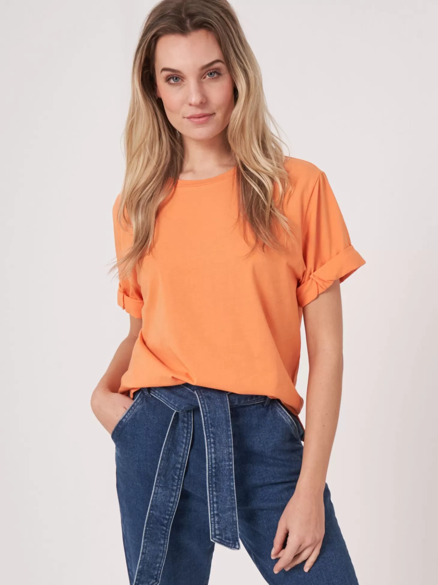 REPEAT cashmere T-Shirt Ample A Manches Retroussees Papaya Store