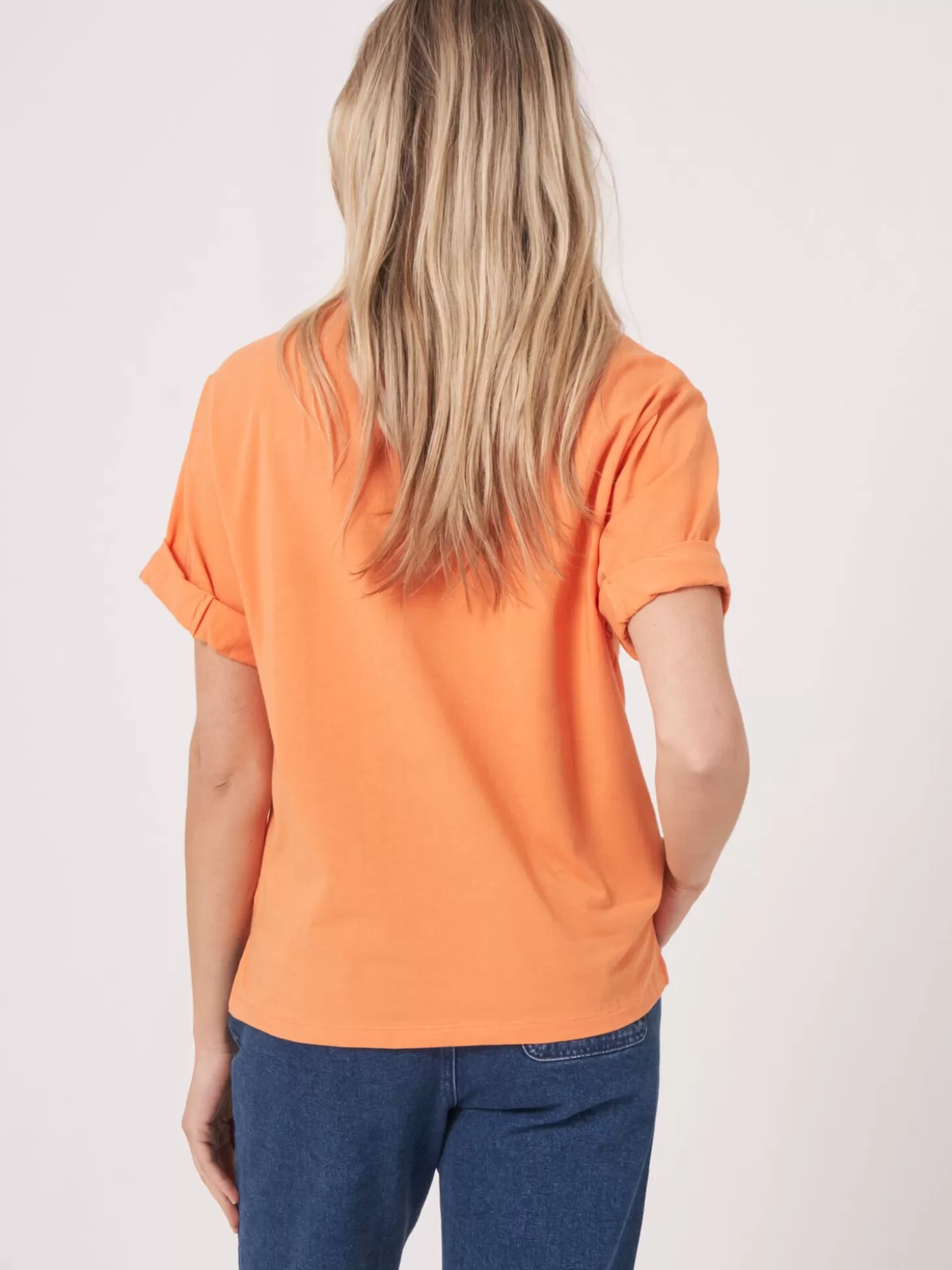 REPEAT cashmere T-Shirt Ample A Manches Retroussees Papaya Store