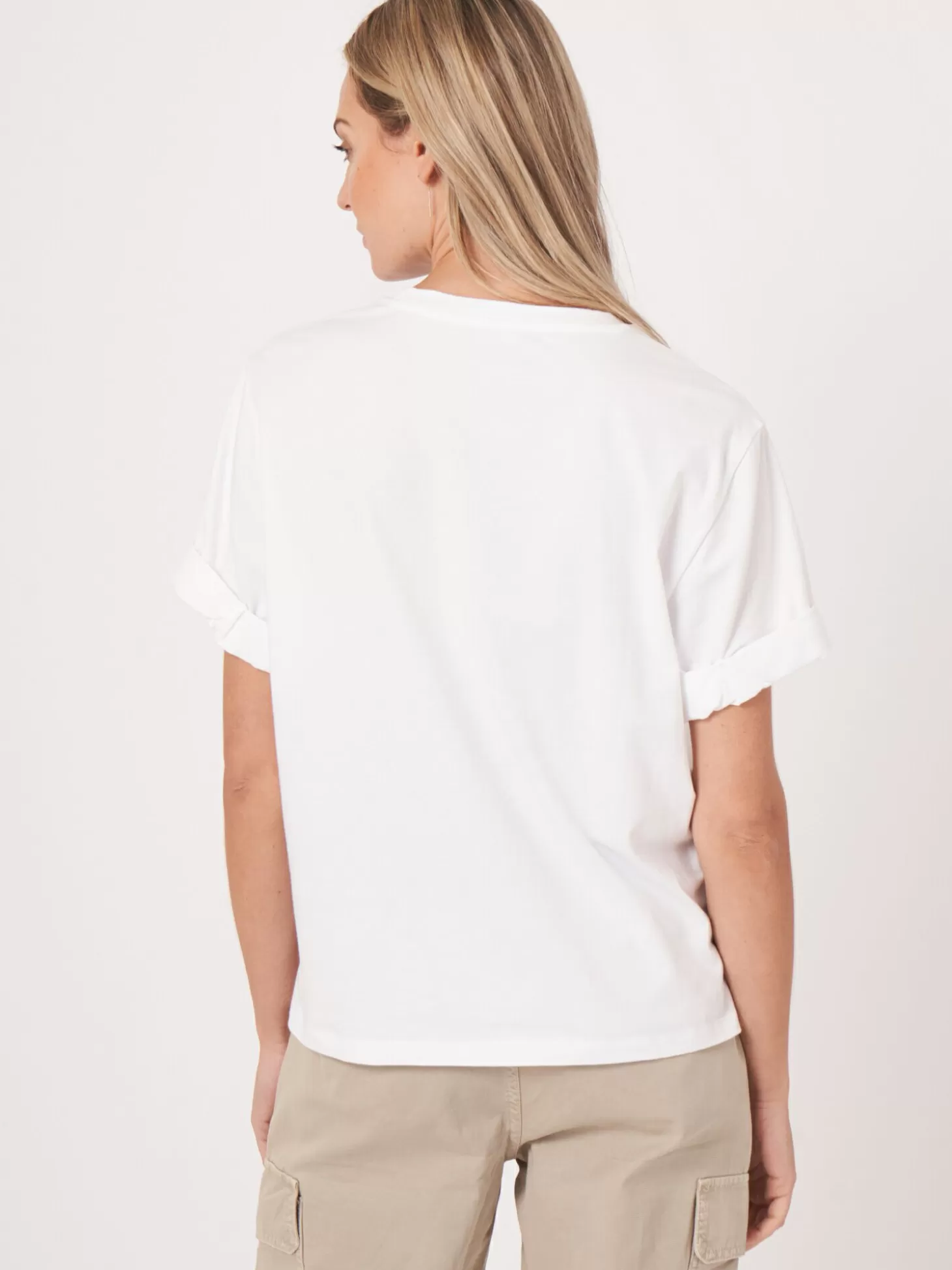 REPEAT cashmere T-Shirt Ample A Manches Retroussees White New